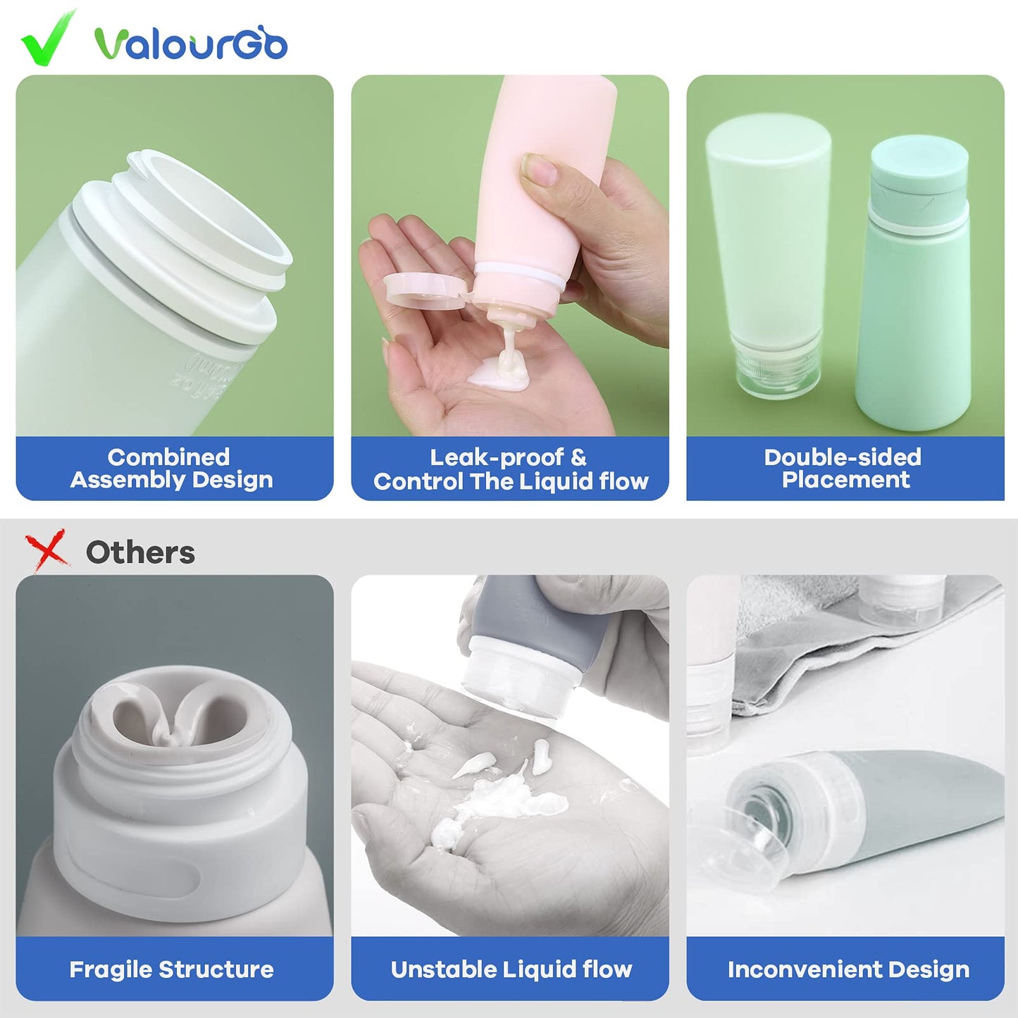 Valourgo Travel Bottles for Toiletries Tsa Approved Travel Size Containers BPA Free Leak Proof Travel Tubes Refillable Liquid Travel Accessories for Cosmetic Shampoo and Lotion Soap for travel, outdoor, GYM and household, Pink, White, Blue, Green