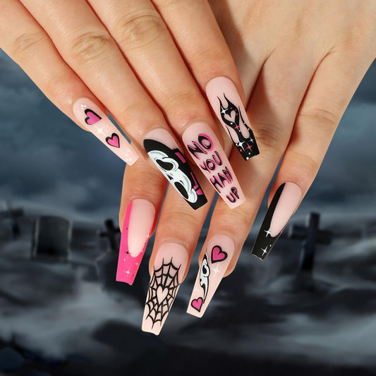 Halloween Press on Nails, Long Fake Nails Coffin Shape False Nails with Ghost Face Flame Spider Web Heart Designs Full Cover Stick on Nails Matte Glue on Nails for Women Halloween Nail Decoration