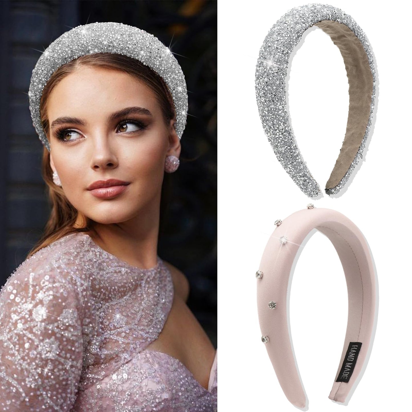 FULZTEY Rhinestone Padded Headbands Sliver Diamond Head Band Hoop No Teeth Pink Thick Beaded Headband Bling Crystal Hairband Fashion Pearl Hair Bands for Women's Hair Accessories 2 Pcs