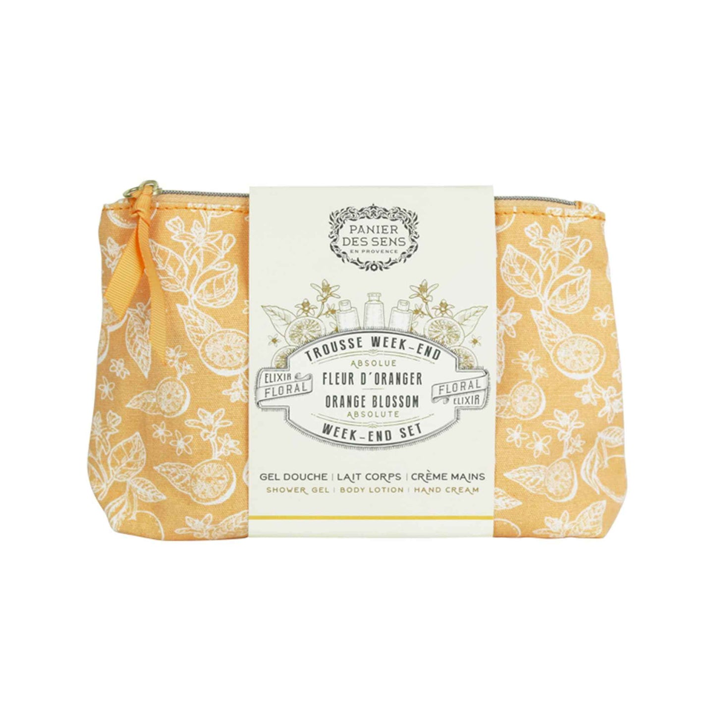 Panier des Sens - Travel Pouch Orange Blossom Gift Set - Shower Gel 3.3 fl oz + Body Lotion 3.3 fl oz + Hand Cream 1 fl oz - 97% Natural Ingredients - Made in France, Vegan Friendly Body Care