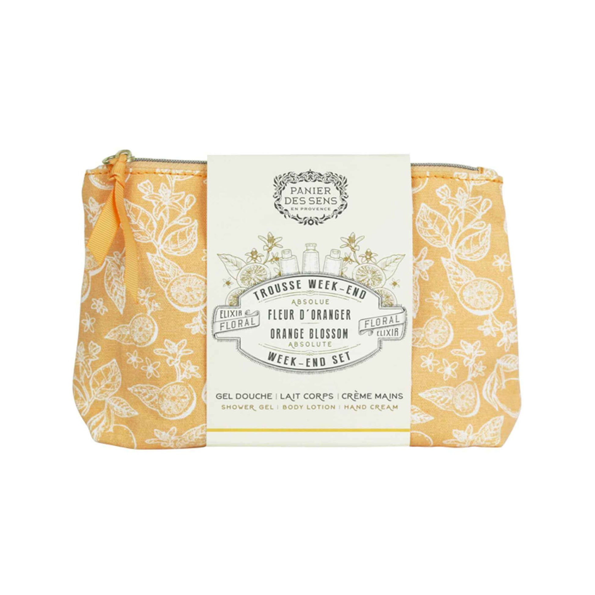 Panier des Sens - Travel Pouch Orange Blossom Gift Set - Shower Gel 3.3 fl oz + Body Lotion 3.3 fl oz + Hand Cream 1 fl oz - 97% Natural Ingredients - Made in France, Vegan Friendly Body Care