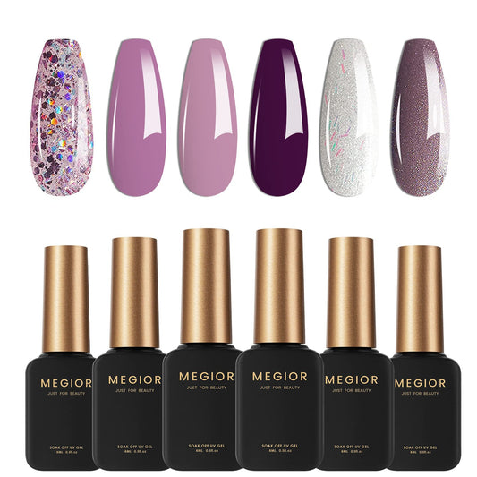 MEGIOR Gel Nail Polish 6 Colors, Purple Series Gel Polish Soak Off Kit Glitter Set, Popular Nail Art Design Holiday Beauty Gifts Set Box, DIY at Home