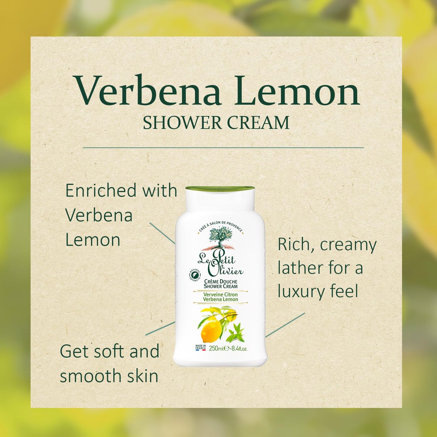 Le Petit Olivier Shower Cream - Verbena Lemon - Gently Cleanses Skin - Fresh and Moisturizing - pH Neutral - Dermatologically Tested - Free Of Soap and Dyes - 8.4 Oz (Pack of 2)