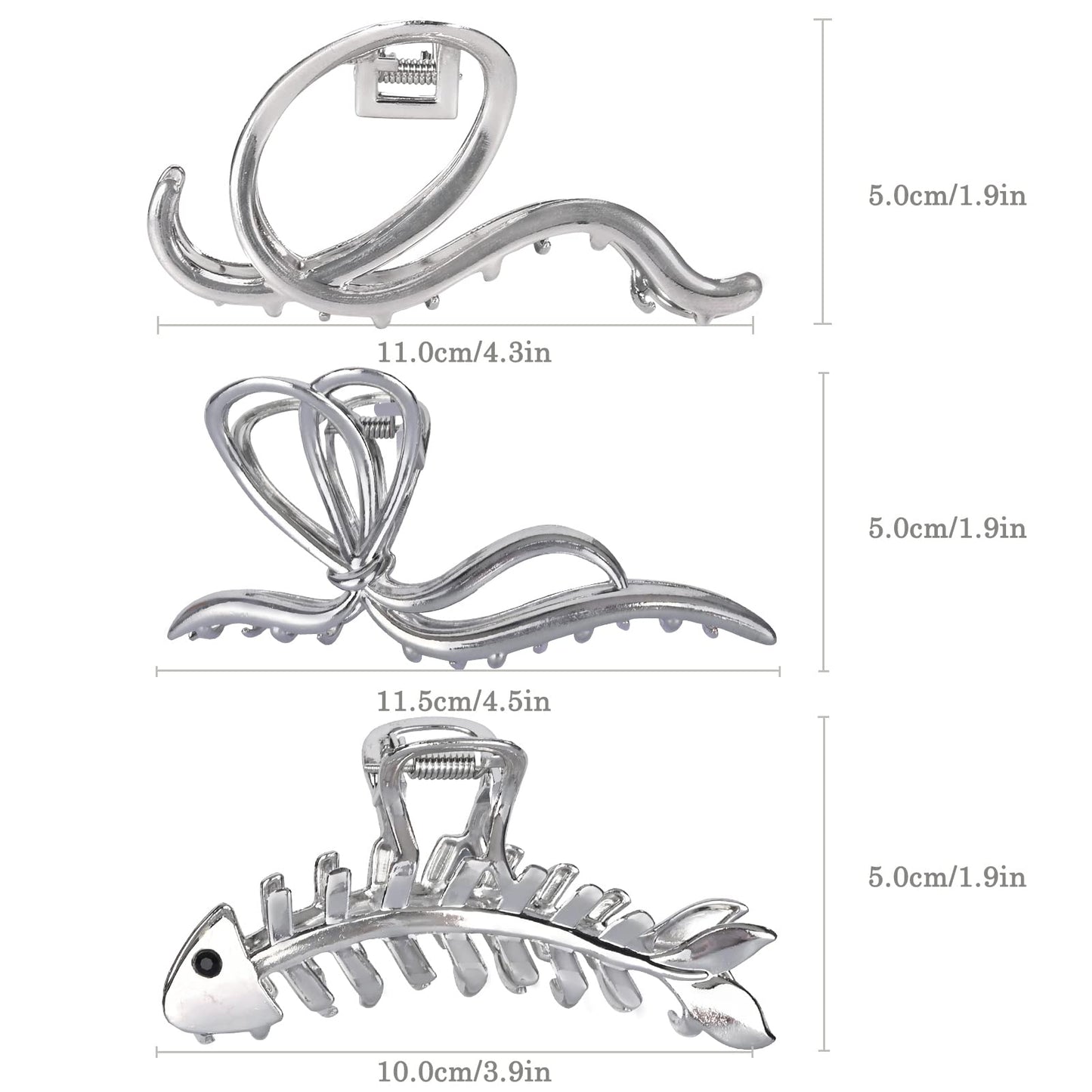 Yonchic 3-Piece Multiple Shapes Metal Hair Clips: Silvery Fish Bone Claw, Elegant Bowknot Barrettes, Strong Hold Clamps and Cute Catch Accessories