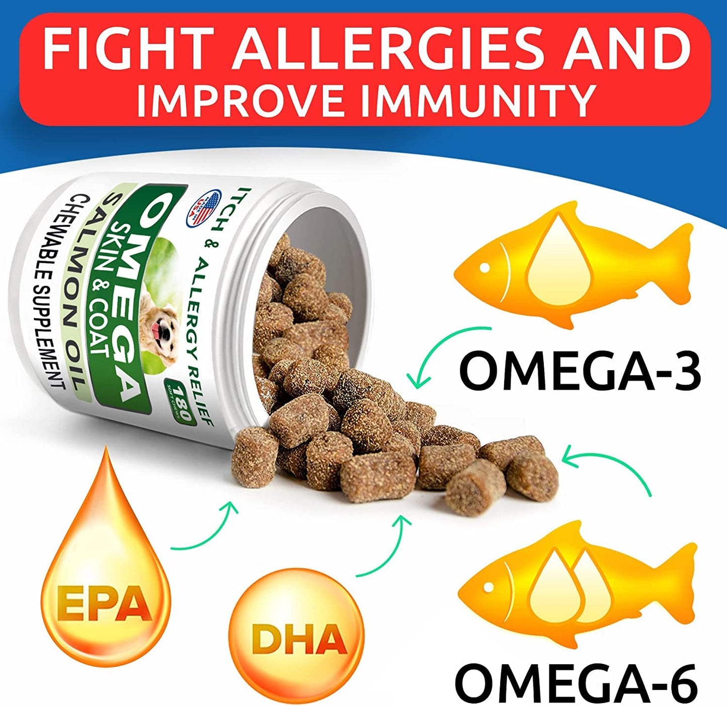 BARK&SPARK Omega 3 for Dogs - 360 Fish Oil Treats for Dog Shedding, Skin Allergy, Itch Relief, Hot Spots Treatment - Joint Health - Skin and Coat Supplement - EPA & DHA Fatty Acids - Salmon Oil