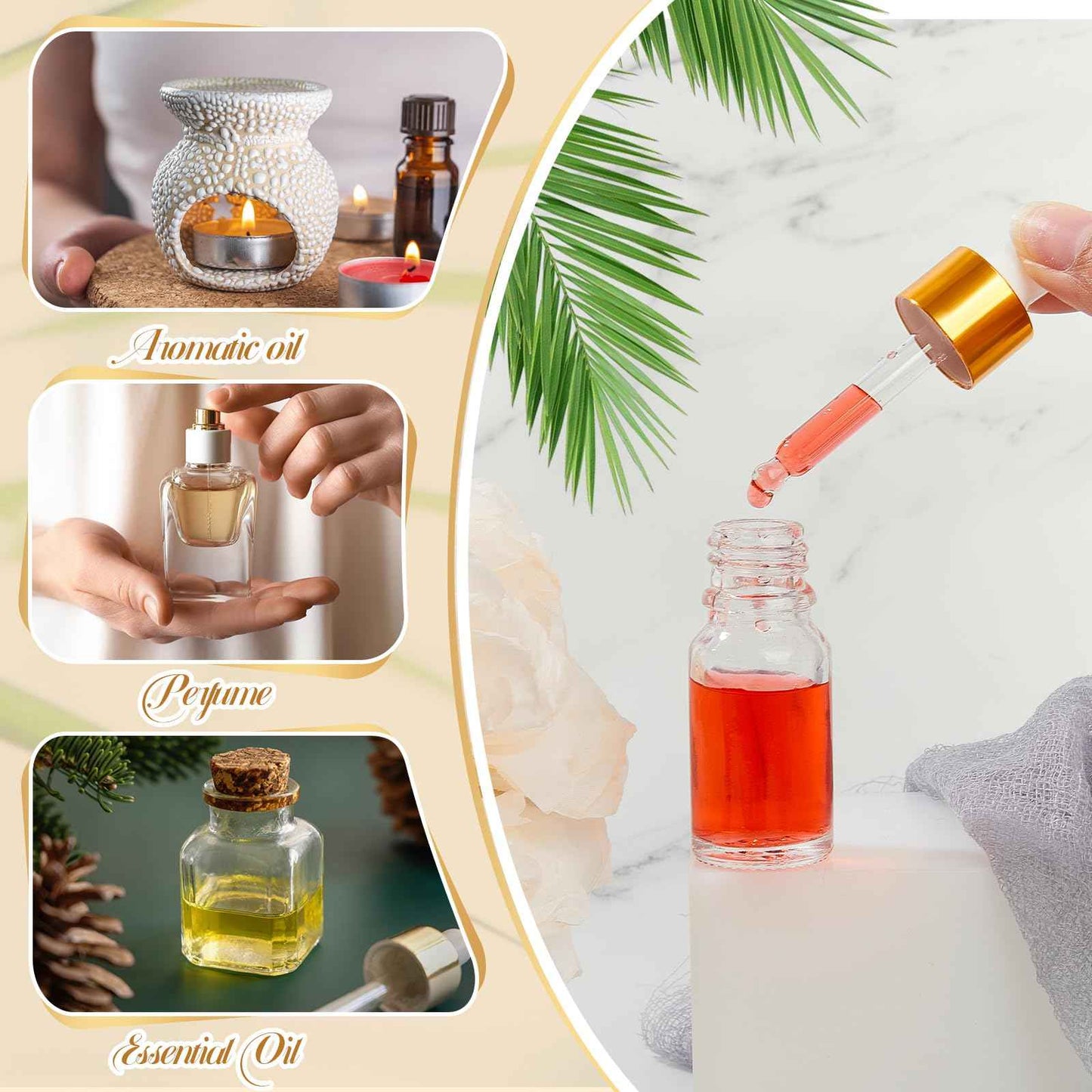 Didaey 100 Pcs Mini Glass Oil Dropper Bottle Bulk, Clear Essential Small Empty Bottles Sample Containers Perfume Liquid Vials with Cap for Traveling (10 ml,Gold)