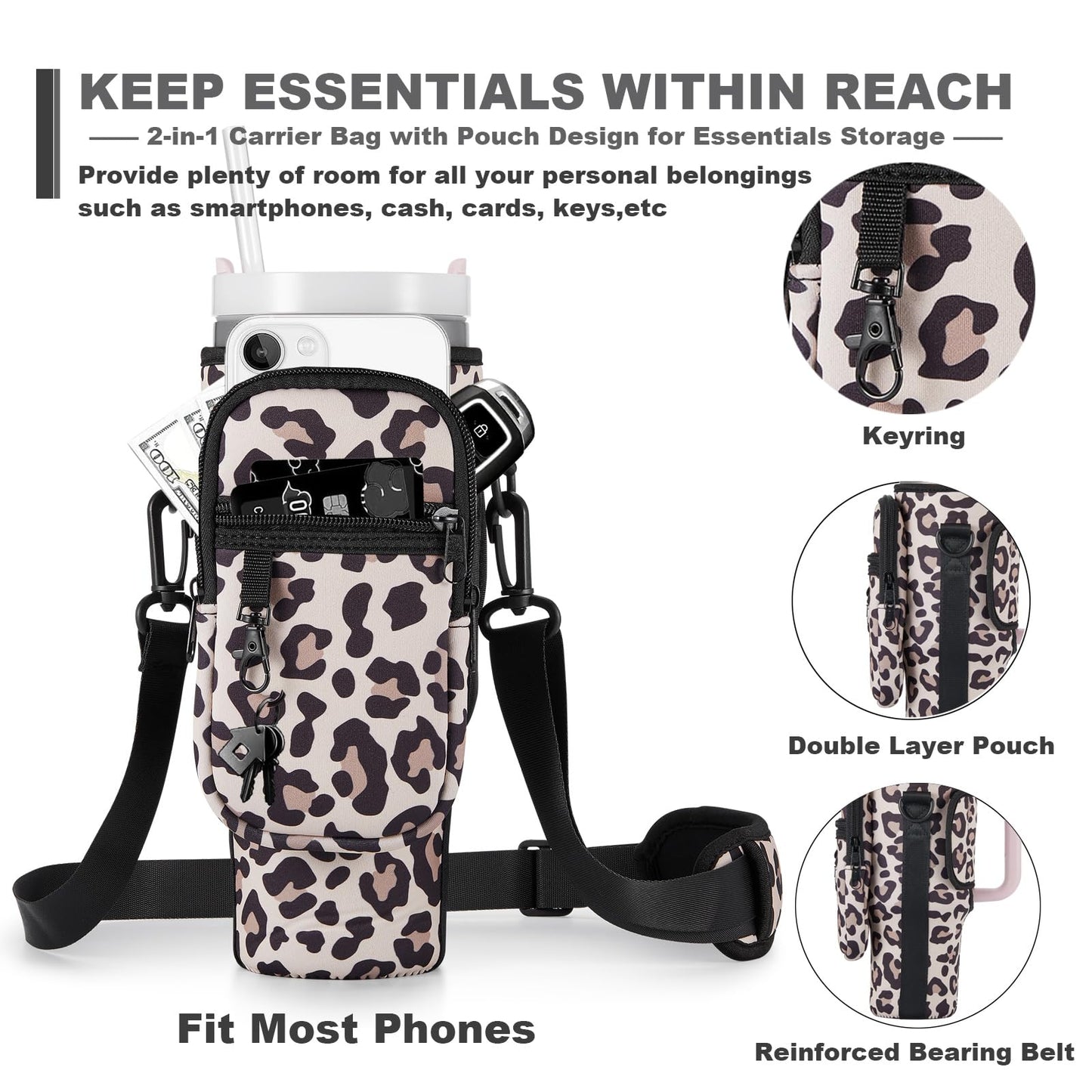 BULKITEM Water Bottle Carrier Bag with Phone Pocket for Leopard Stanley 40 oz Tumbler with Handle, Leopard Insulated Neoprene Cup Holder Pouch Strap for Stanley Cup Accessories