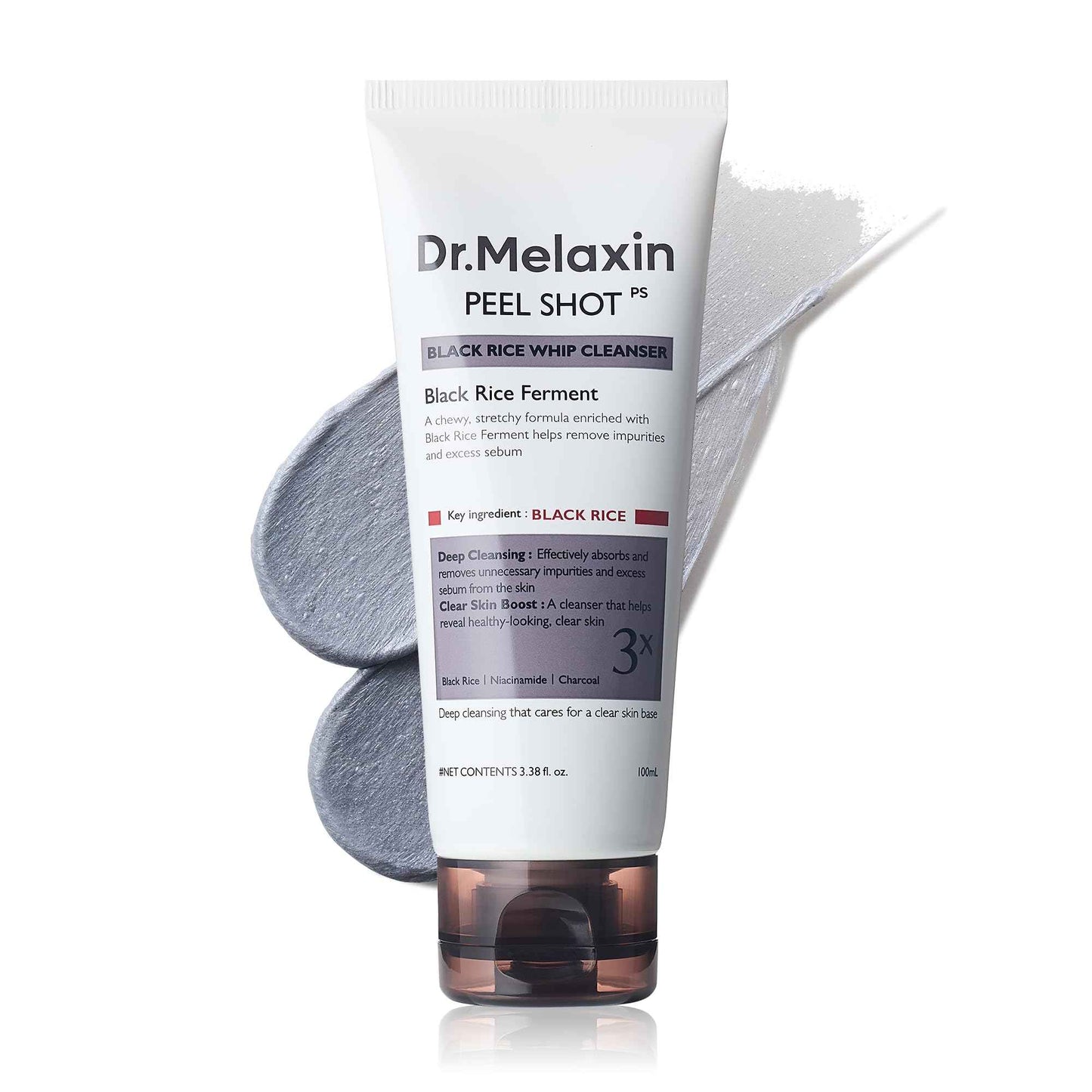 Dr.Melaxin Peel Shot Black Rice Mochi Whip Cleanser 100ml formulated for blackheads, clogged pores, excess sebum, and dull skin