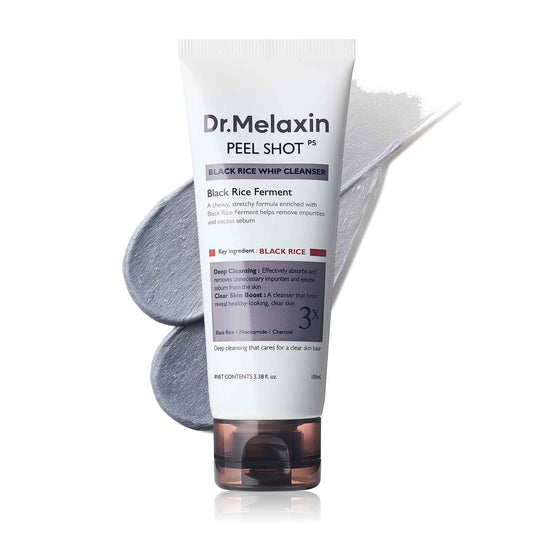 Dr.Melaxin Peel Shot Black Rice Mochi Whip Cleanser 100ml formulated for blackheads, clogged pores, excess sebum, and dull skin