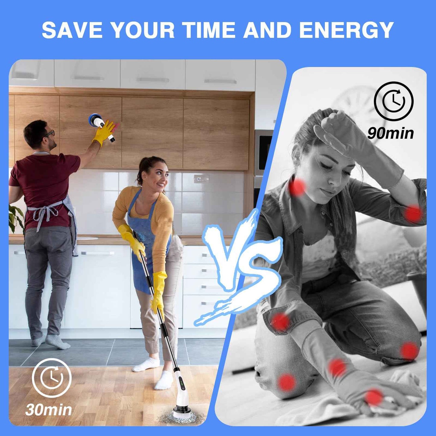 Electric Spin Scrubber Cordless Full Body Waterproof Cleaning Brush with Displaying Battery Level, 7 Replaceable Heads, Dual Speed, and Detachable Telescopic Handle for Kitchen Living Room Bathroom