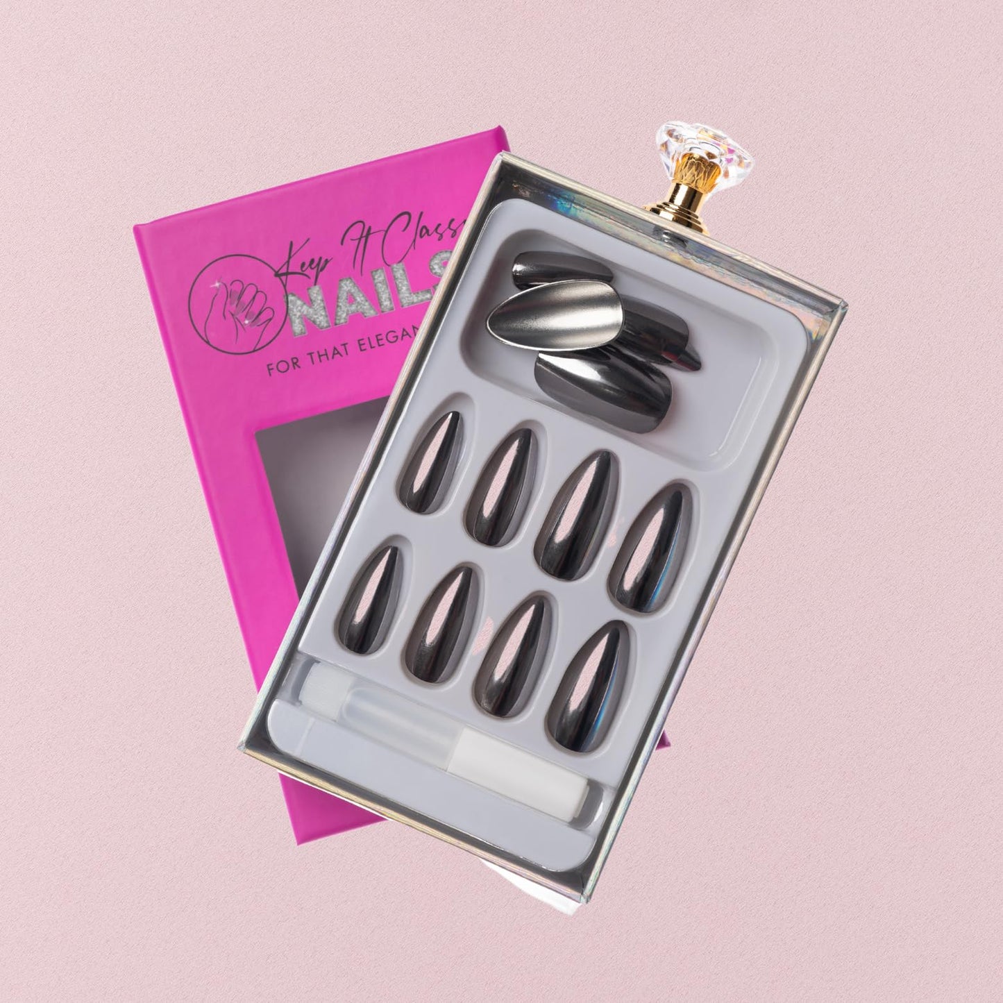 Keep It Classy Press-On Nails Kit || Variety of Sizes & Colors || Reusable, Vegan, Non-Toxic, Easy Application || 24 Nail Kit || (Variety of Sizes & Colors) (Chrome Silver, 1 Count (Pack of 1))