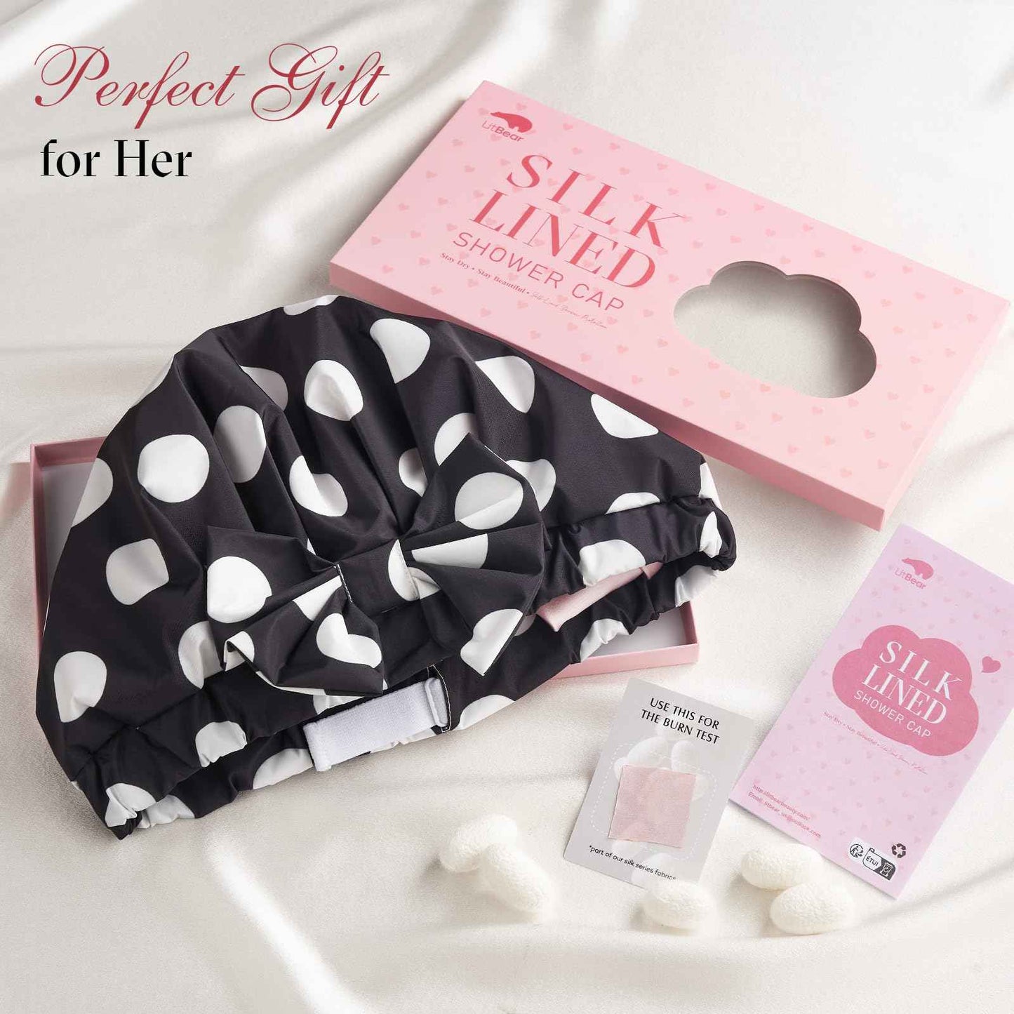 LitBear Luxury Silk Lined Shower Caps for Women Reusable Waterproof, Double Layered Large Bathing Hair Cap with Adjustable Elastic Strap, Non-slip, Quick-dry, for Long Short Hair, Black Dots