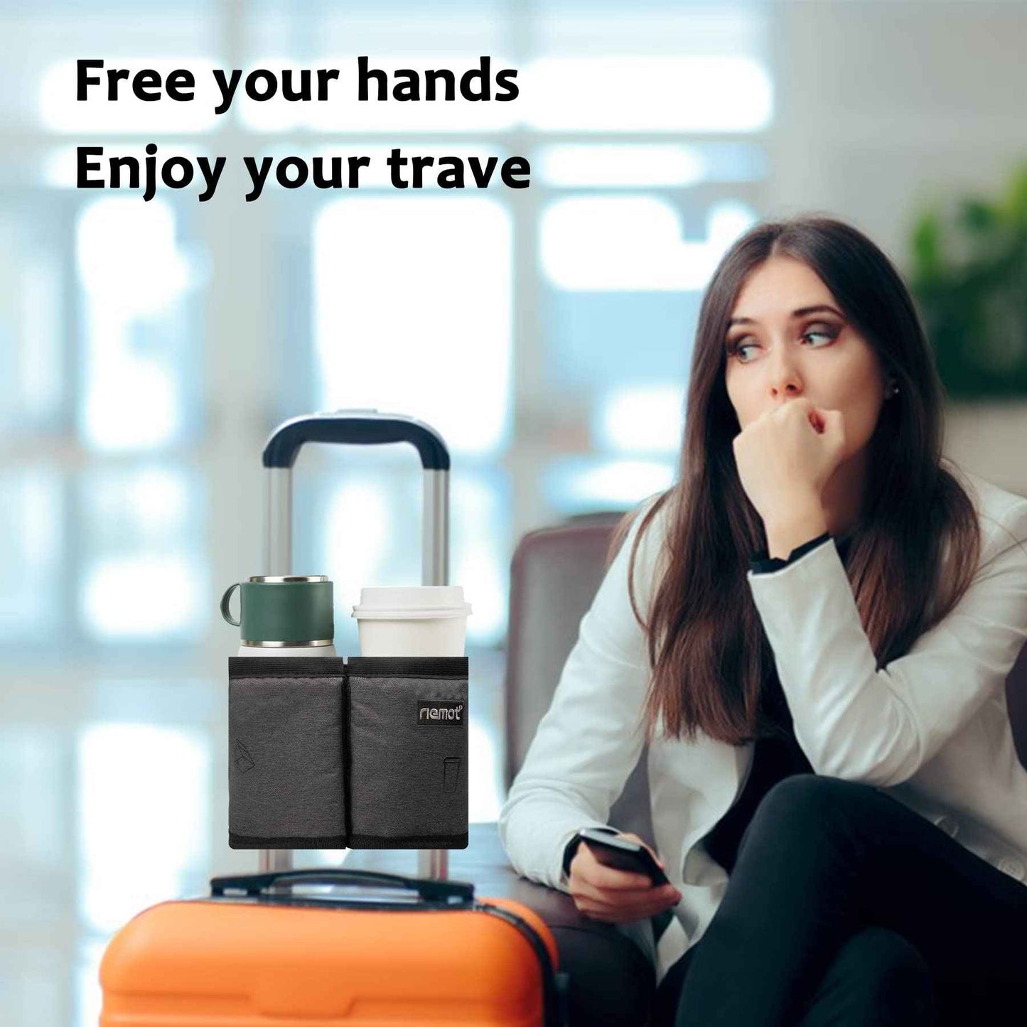 riemot Luggage Travel Cup Holder Free Hand Drink Caddy - Hold Two Coffee Mugs - Fits Roll on Most Suitcase Handles - Gifts for Flight Attendants &Frequent Travelers Accessories Grey