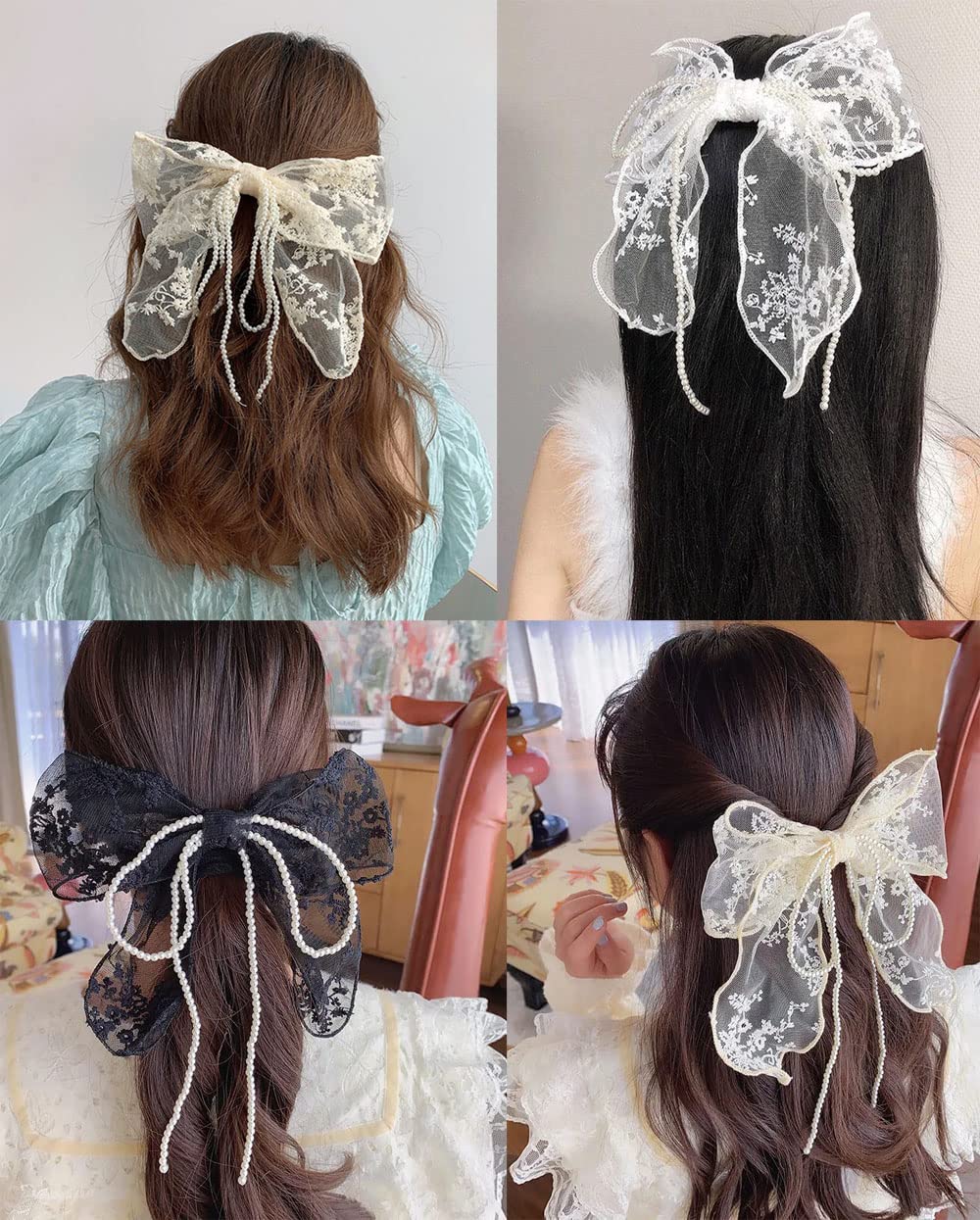 Sovenny 3 Pieces Lace Bow Pearl Chain Hair Clips Flower Embroidery Non Slip Hair Bow Barrettes for Women and Girls (White, Beige, Black)