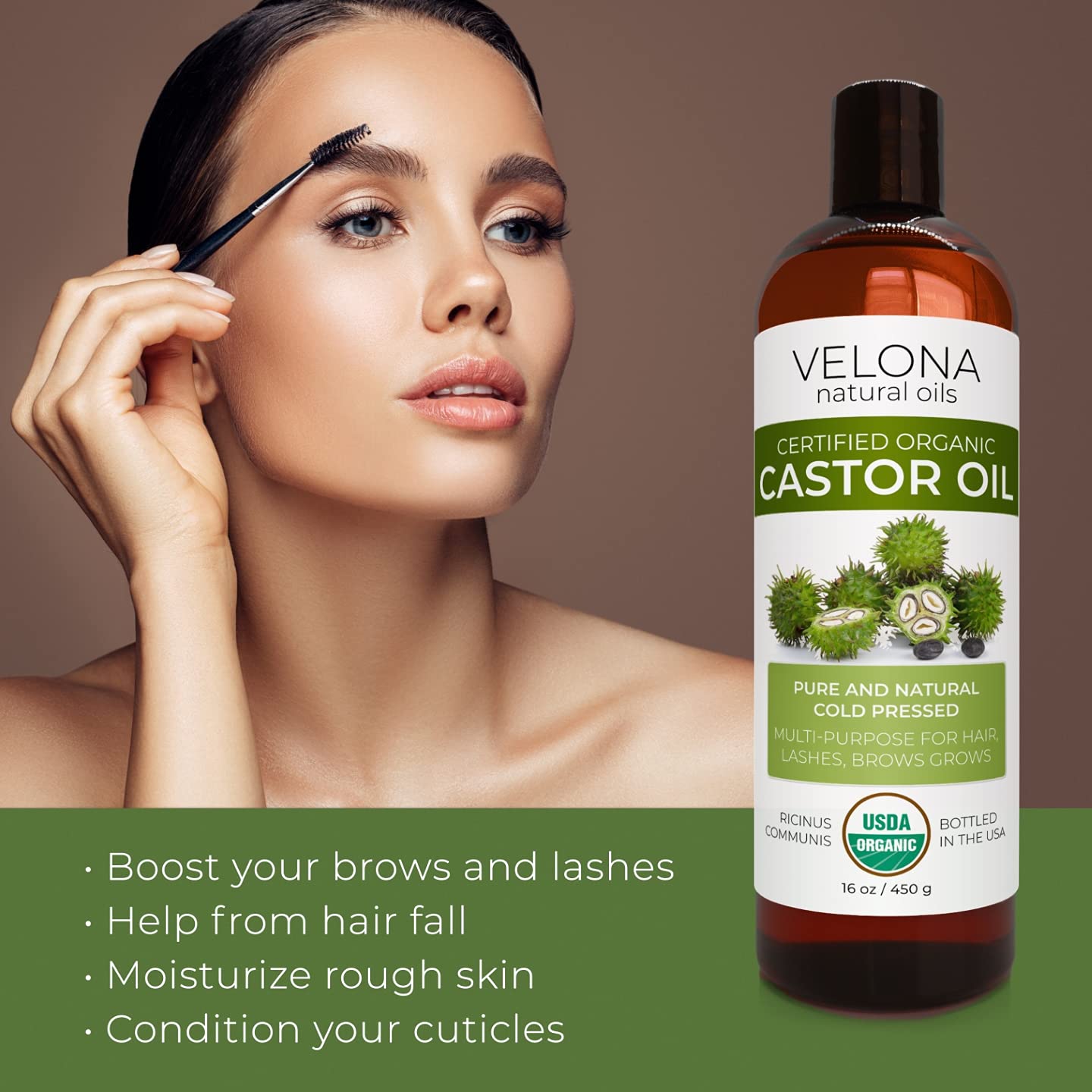 velona USDA Certified Organic Castor Oil - 8 Fl Oz | For Hair, Boost Eyelashes, Eyebrows | Cold pressed, Natural Oil, USP Grade | Hexane Free, Lash Serum, Caster…