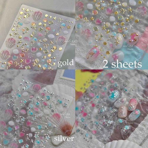 2Pcs Summer Nail Stickers for Nails Art,Extra Shiny 5D Shell Starfish Nail Art Stickers Decals Gold Silver Star Jellyfish Self-Adhesive Design Summer Beach Nail Supplies for Women Manicure Accessories