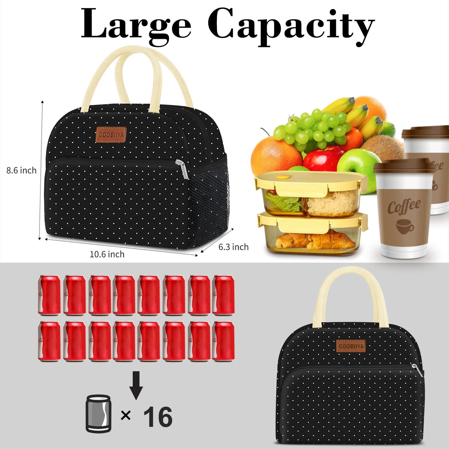 Coobiiya Lunch Bag Women,Lunch Box LunchBag for Women Adult Men, Small Leakproof Cute Lunch Tote Large Capacity Reusable Insulated Cooler Lunch Container for Work/Office/Picnic/Travel-Black Polka Dot