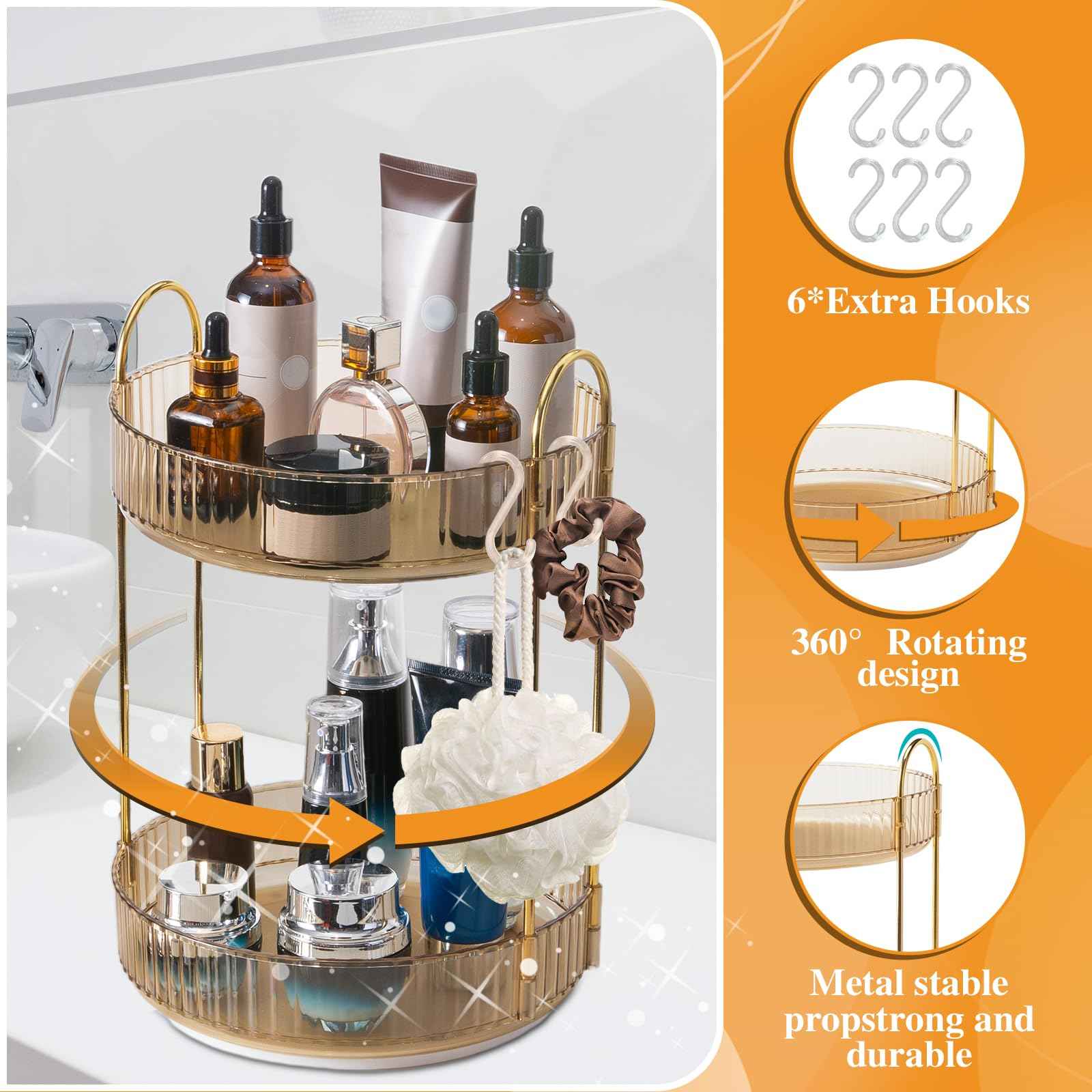 Megapuxin Rotating Makeup Organizer for Vanity,Large Perfume Organizers Skincare Make Up Storage Perfume Organizers Countertop Organizer with Extra Hooks and Stickers for Bathroom