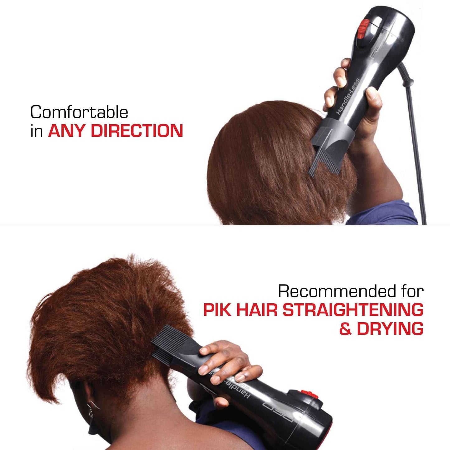 RED by Kiss Handle-Less 2200W Ceramic Tourmaline Hair Dryer, 3 Heat Settings, Pro Blow Dryer with Comb Attachment, Ionic for Frizz-Free Shine, Detangler & Straightening for 4C