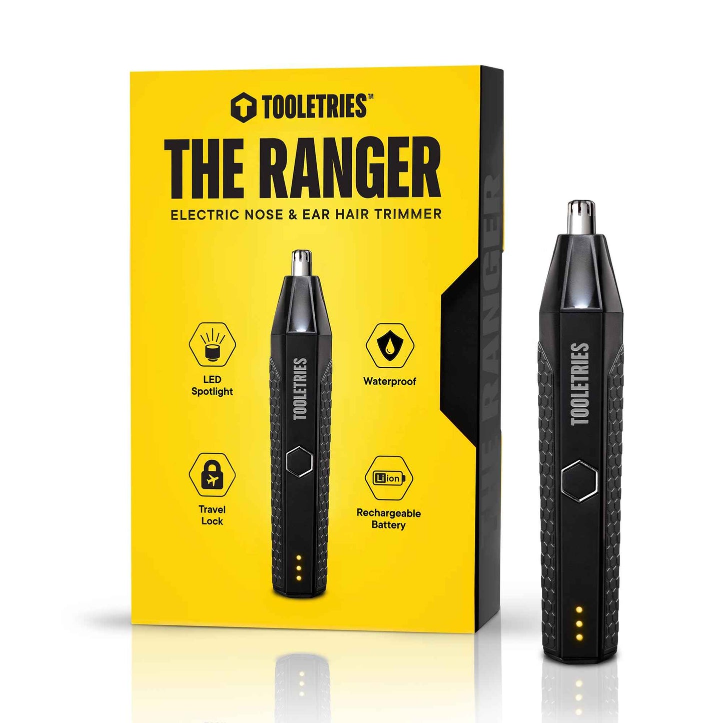 TOOLETRIES The Ranger - Electric Nose & Ear Hair Trimmer for Men, Wet/Dry Nose Clippers with Stainless Steel Blades, Waterproof, Rechargeable Li-Ion Battery, LED Spotlight, Travel Lock