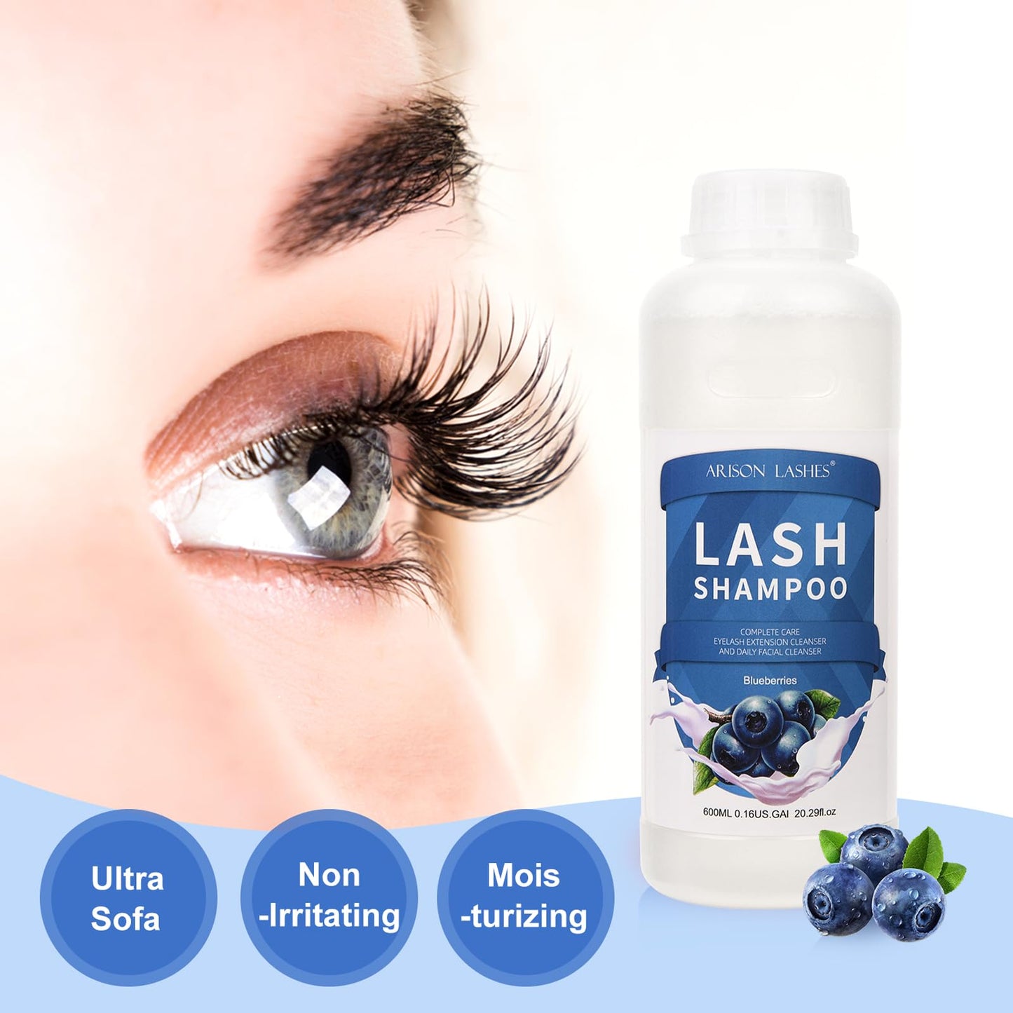 Arison Eyelash Eyelash Extension Shampoo 600ml / Eyelid Foaming Cleanser/Wash for Extensions and Natural Lashes/Paraben & Sulfate Free Safe Makeup & / Professional & Self Use (Blueberry)