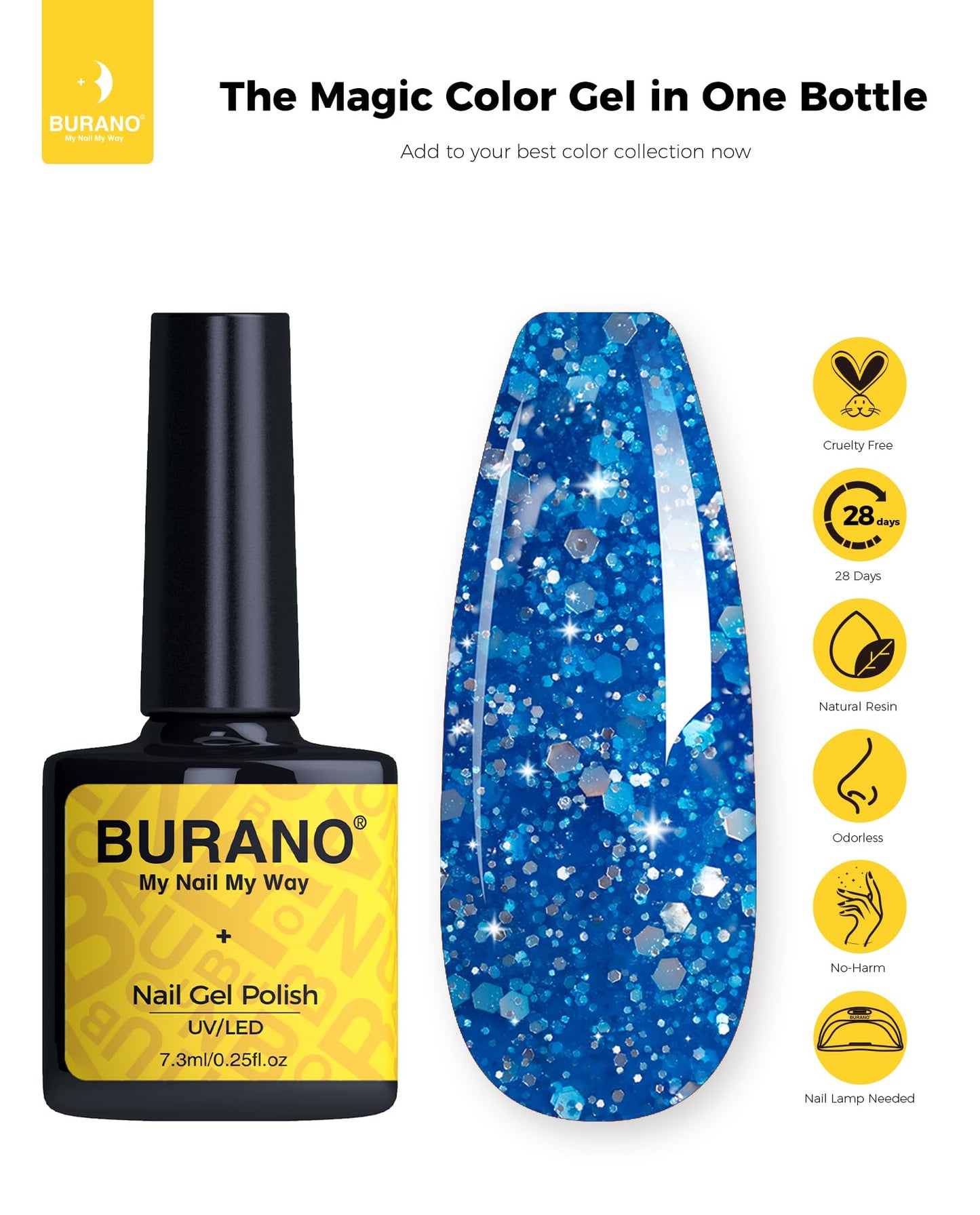 BURANO Glitter Gel Nail Polish, LED UV Nail Gel Shimmer Holographic Effect Soak off Gel Curing Required, No Chip Gel Polish Sparkle Gel Home DIY Nail Salon (Sparkle Blue LP30)