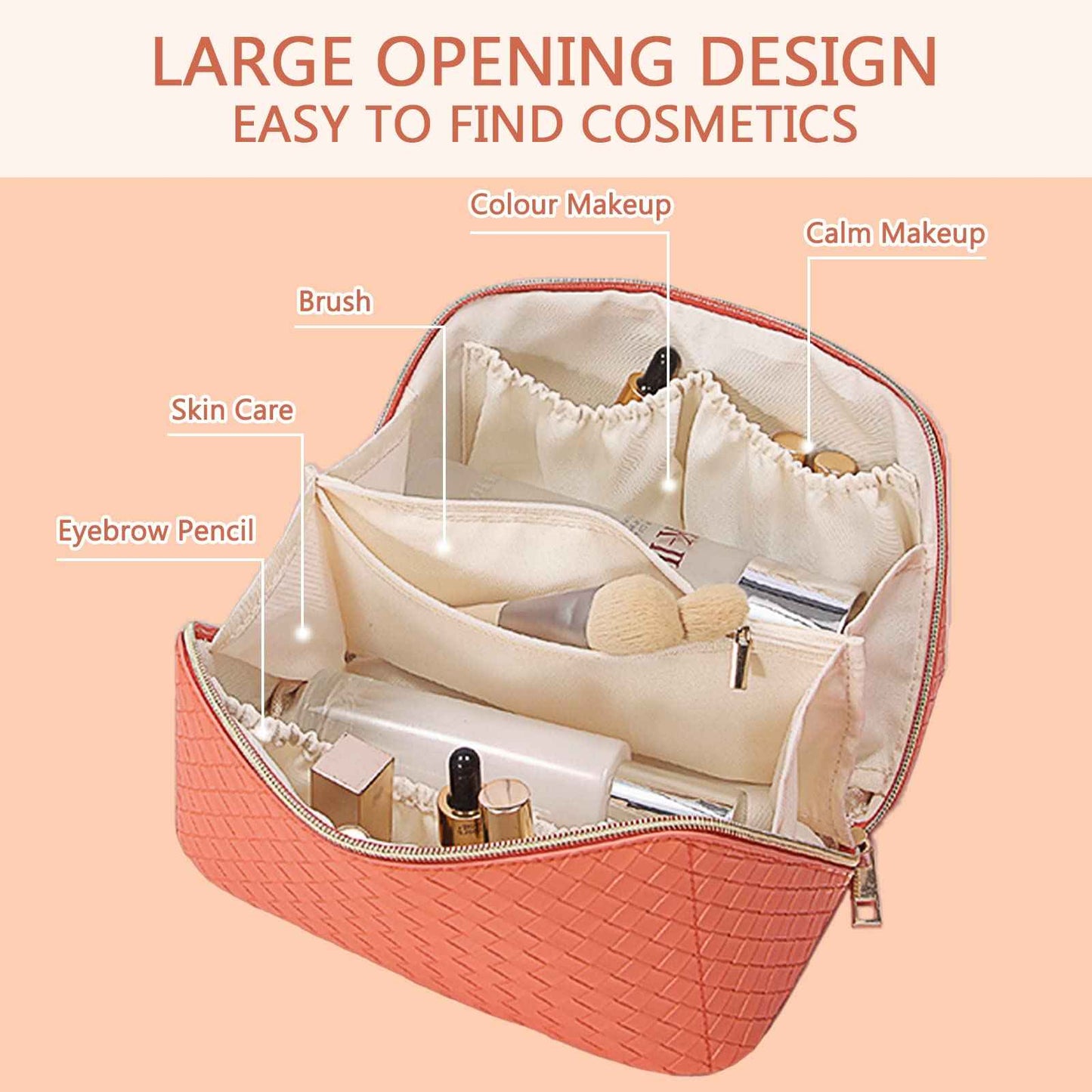 BAKLUCK Large Capacity Travel Cosmetic Bag with Compartment - Waterproof PU Leather Portable Checkered Makeup Organizer Bag for Women and Girls - Orange