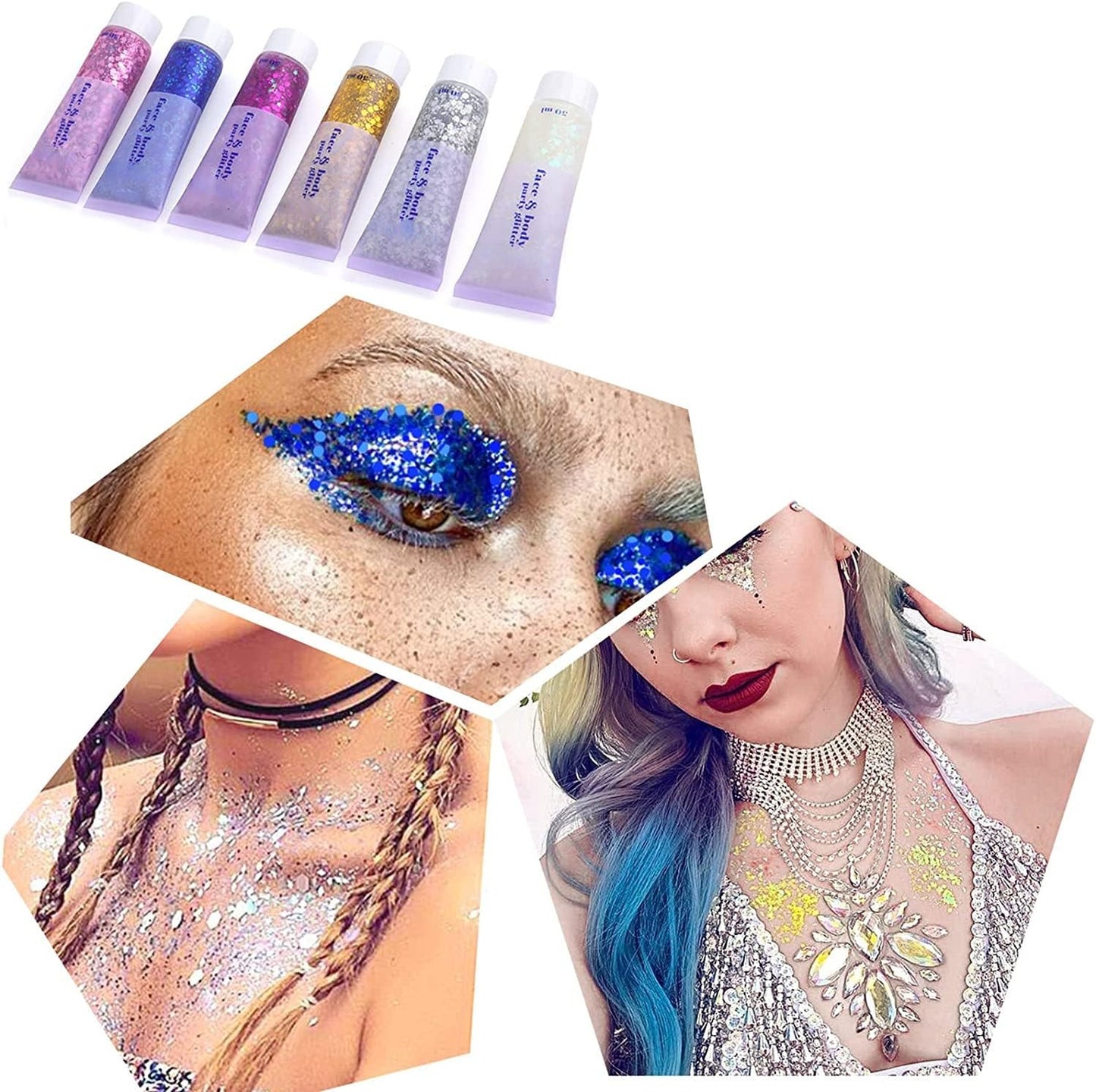 3 Color Face Glitter Gel, Body Glitter, Neon Outfit Glow Party, for Women Face Body Glitter Makeup. (01#Blue+ 03#Pink+06#White)