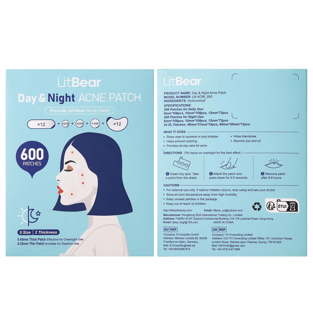 LitBear Pimple Patches for Face, 400 Counts Day and Night Acne Patches, Hydrocolloid Patches for Covering Zit and Blemishes, Large Breakouts, 5 Sizes Thin & Thick Spot Dots Stickers for Chin, Forehead