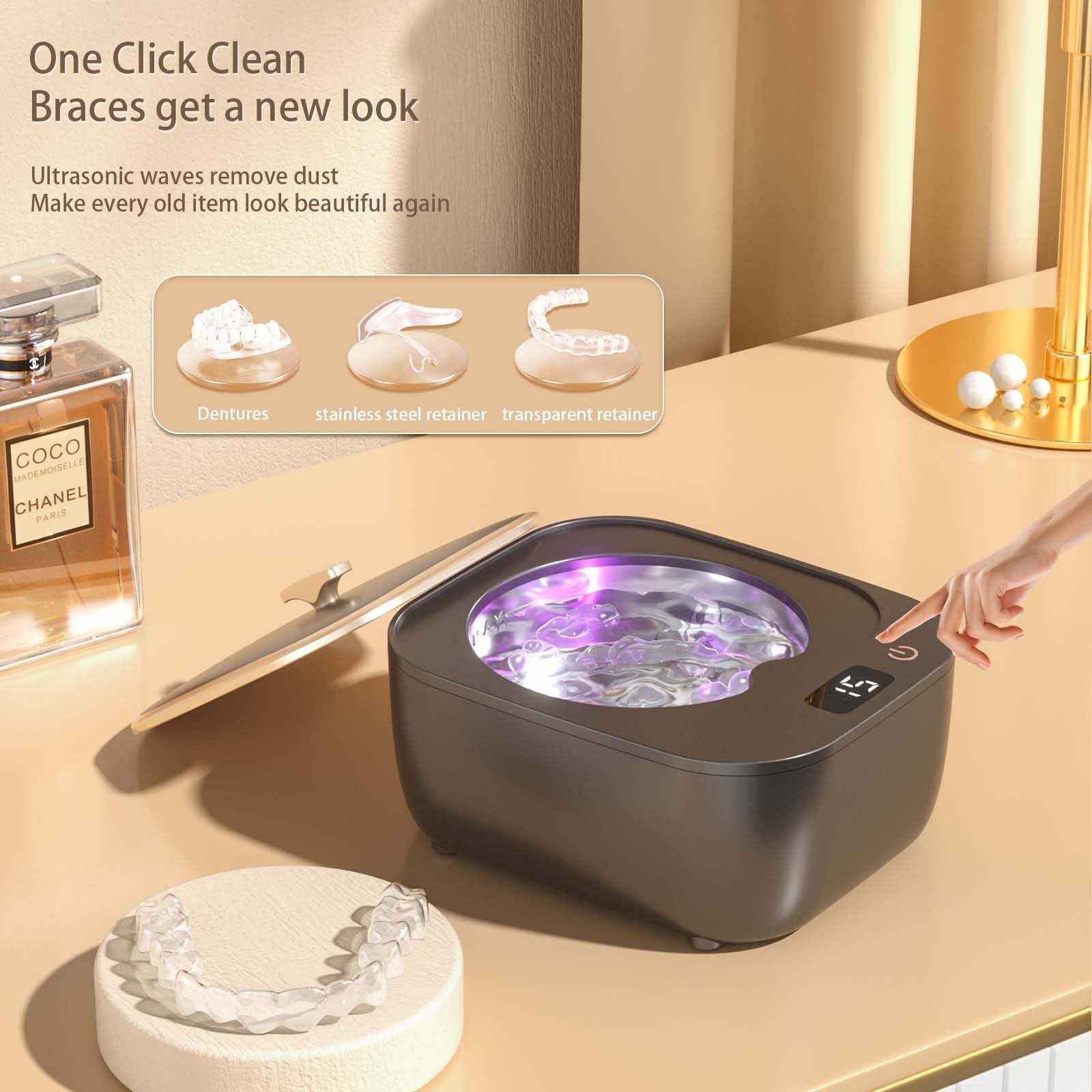 Ultrasonic Retainer Cleaner - 48kHz Retainer Cleaner Machine for Dentures, Mouth Guards, Aligner, Toothbrush Heads, Jewelry, 3 Modes Denture Cleaner with 250ml Dental Cleaning Pod