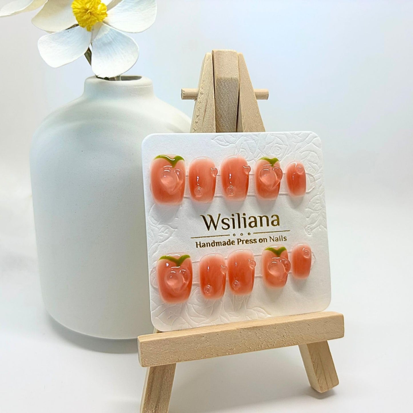 Wsliana Handmade Press On Nails - Orange Short Square Shape with 3D Peach Fruit Design, 10pcs Glue On Acrylic Fake Nails with Storage Box | Stylish and Cute (038 S)