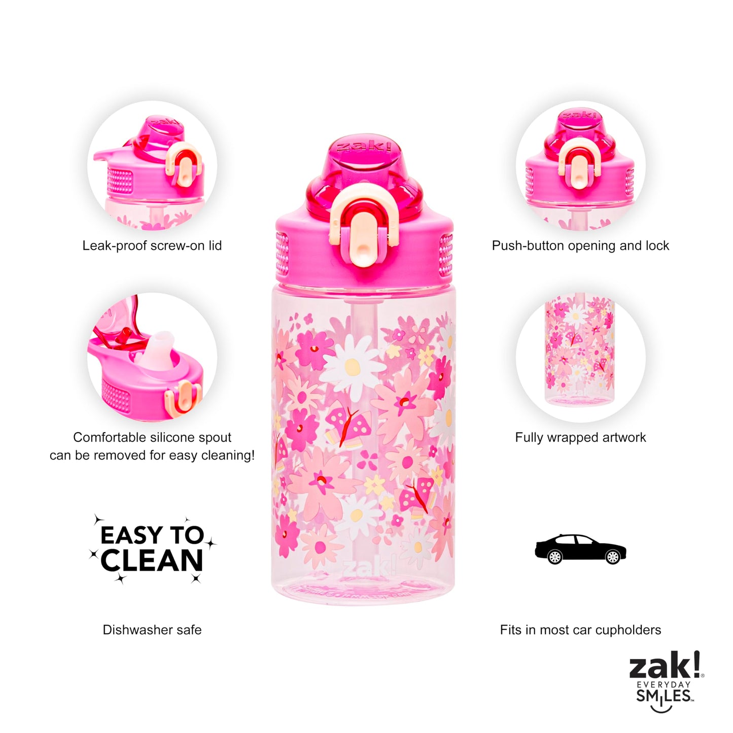 Zak Designs Sage Water Bottle For School or Travel, 16oz Durable Plastic Water Bottle With Straw, Handle, and Leak-Proof, Pop-Up Spout Cover (Flower Power)