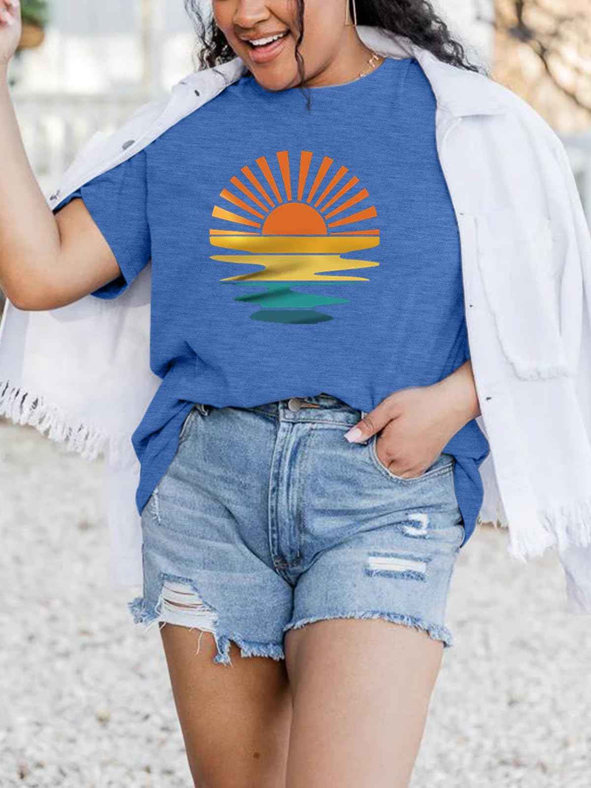 Women Sunrise Sunset T-Shirt Funny Graphic Casual Short Sleeve Tee Nature Travel Shirt Tops