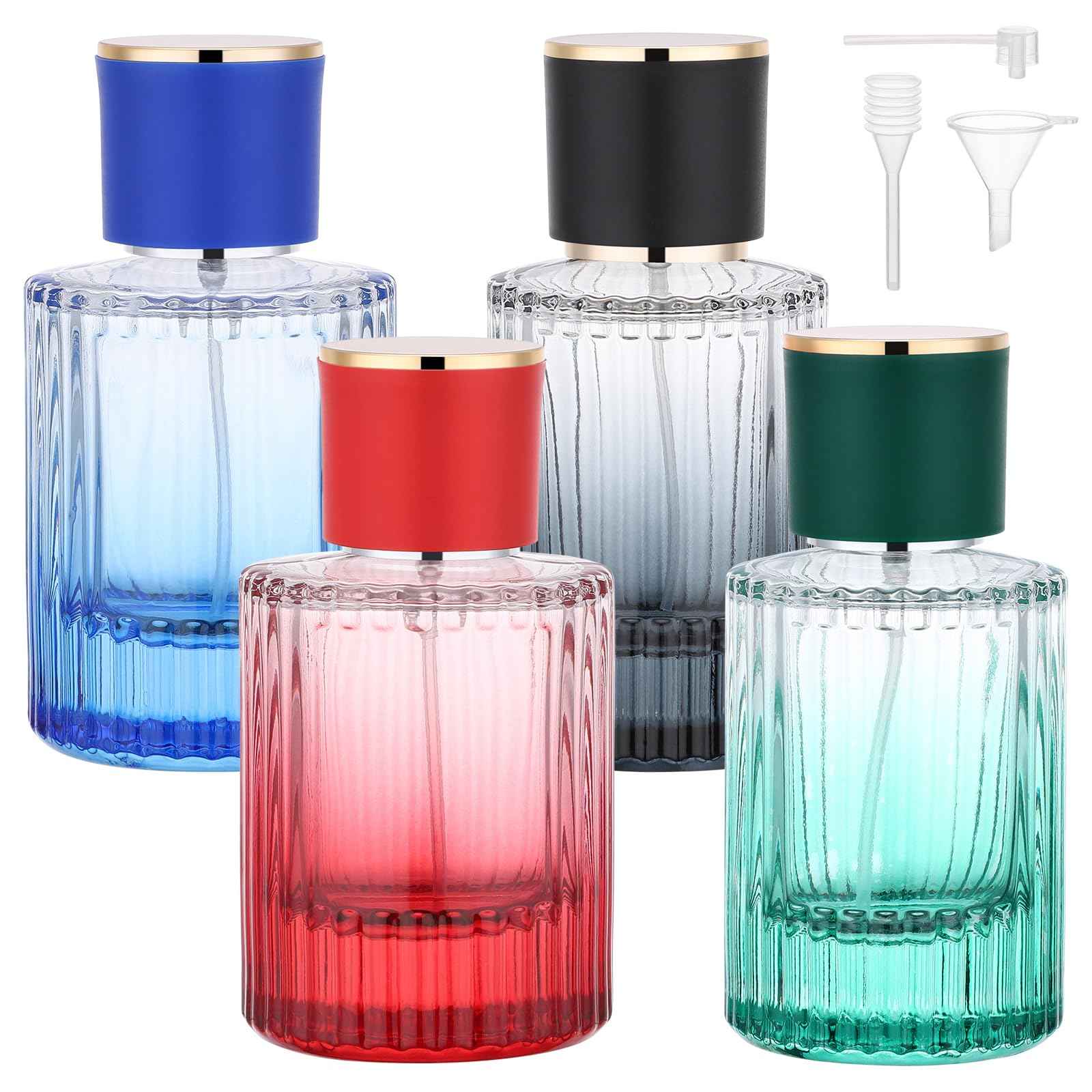 Segbeauty 1.7oz Glass Perfume Refill Bottle Travel Atomizer, 4pcs Refillable Cologne Travel Bottle, Perfume Spray Bottles Empty, 50ml Mini Cologne Atomizer with Refill Tool Kit Blue Black Red Green