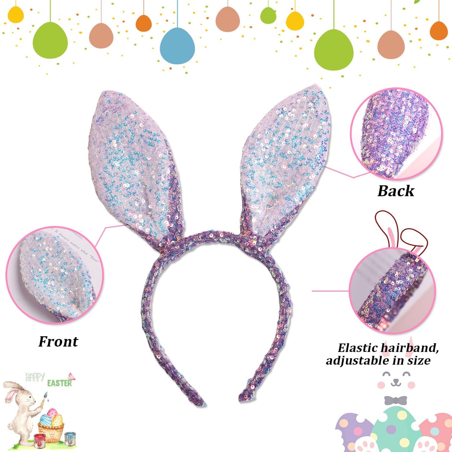 HIFANMM Easter Headbands Bunny Ears Hair Bands for Women Girls Kids, Cute Blue Sequin Rabbit Ear Hair Accessories Easter Day Decoration Headdress Party Supplies Gift Hair Hoop 1 Pcs