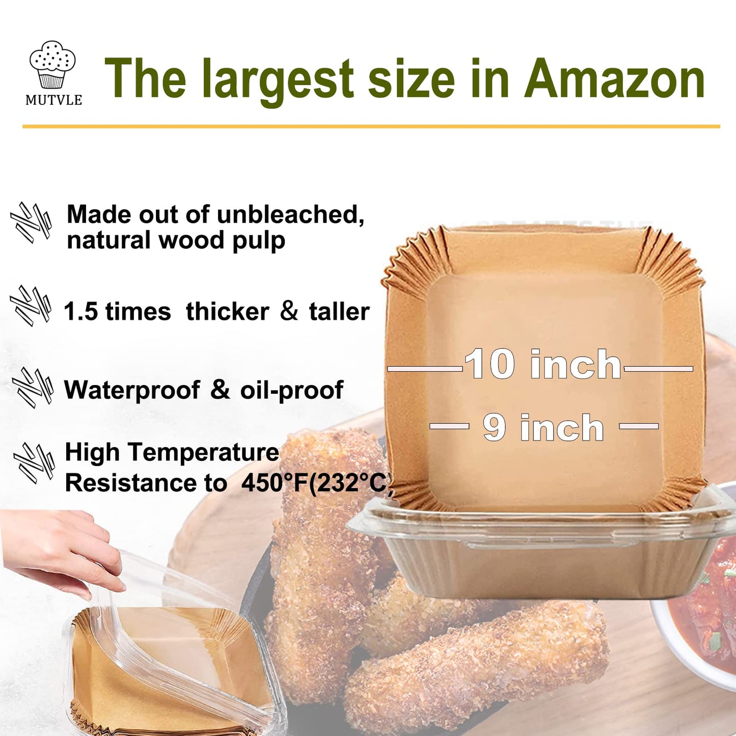 10 Inch Largest Square Air Fryer Disposable Paper Liner, XXL 100Pcs Air Fryer Parchment Paper Liners for 8QT or Bigger Air Fryer, Non-stick, Food Grade Baking Paper for Frying, Roasting and Microwave