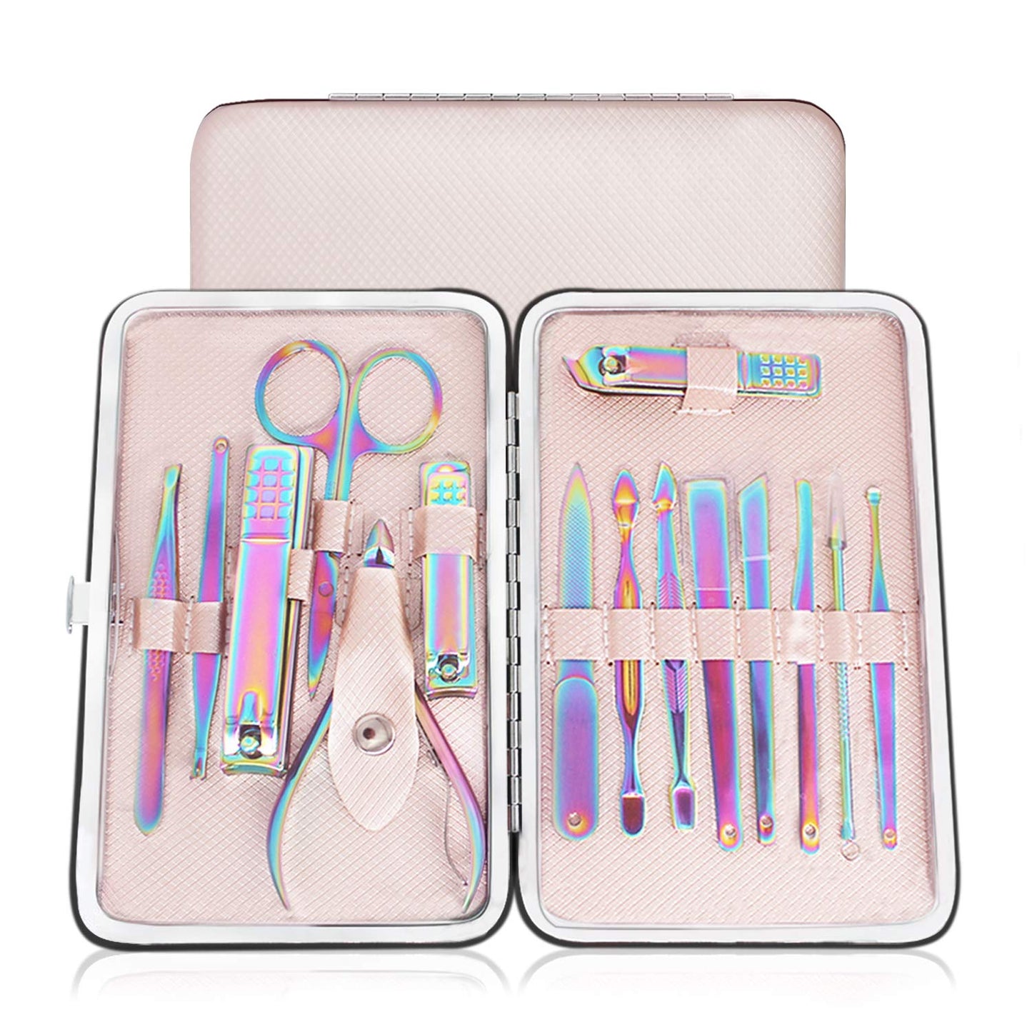 AIPRODA 15pcs Nail Clipper,Rainbow Chameleon Manicure Nail Kits,Stainless Steel Professional Pedicure Set,Nail Scissors,Nail File,Fingernail,Toenail Clippers with Rose Gold Leather Travel Case