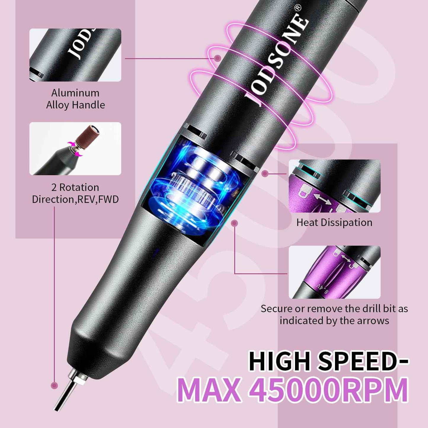 JODSONE Professional Nail Drill 45000 RPM Rechargeable Nail File for Nail Gel Removal Low Noise Portable for Home and Salon