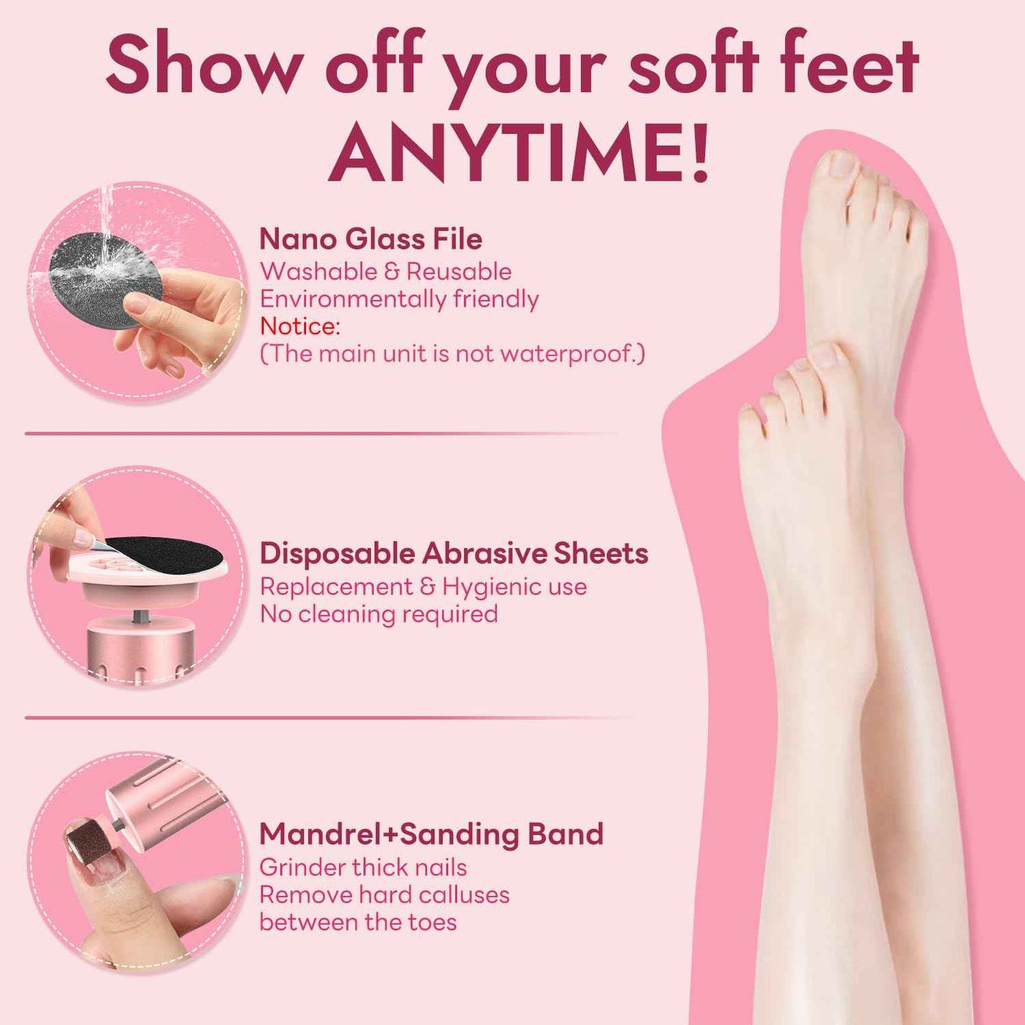 JINYAWA Electric Foot Callus Remover - 2-in-1 Rechargeable Cordless Foot File with LCD Display & 6 Speeds - Professional Foot Sander for Dead Skin, Thick Nails, Heels and Soles (Pink)