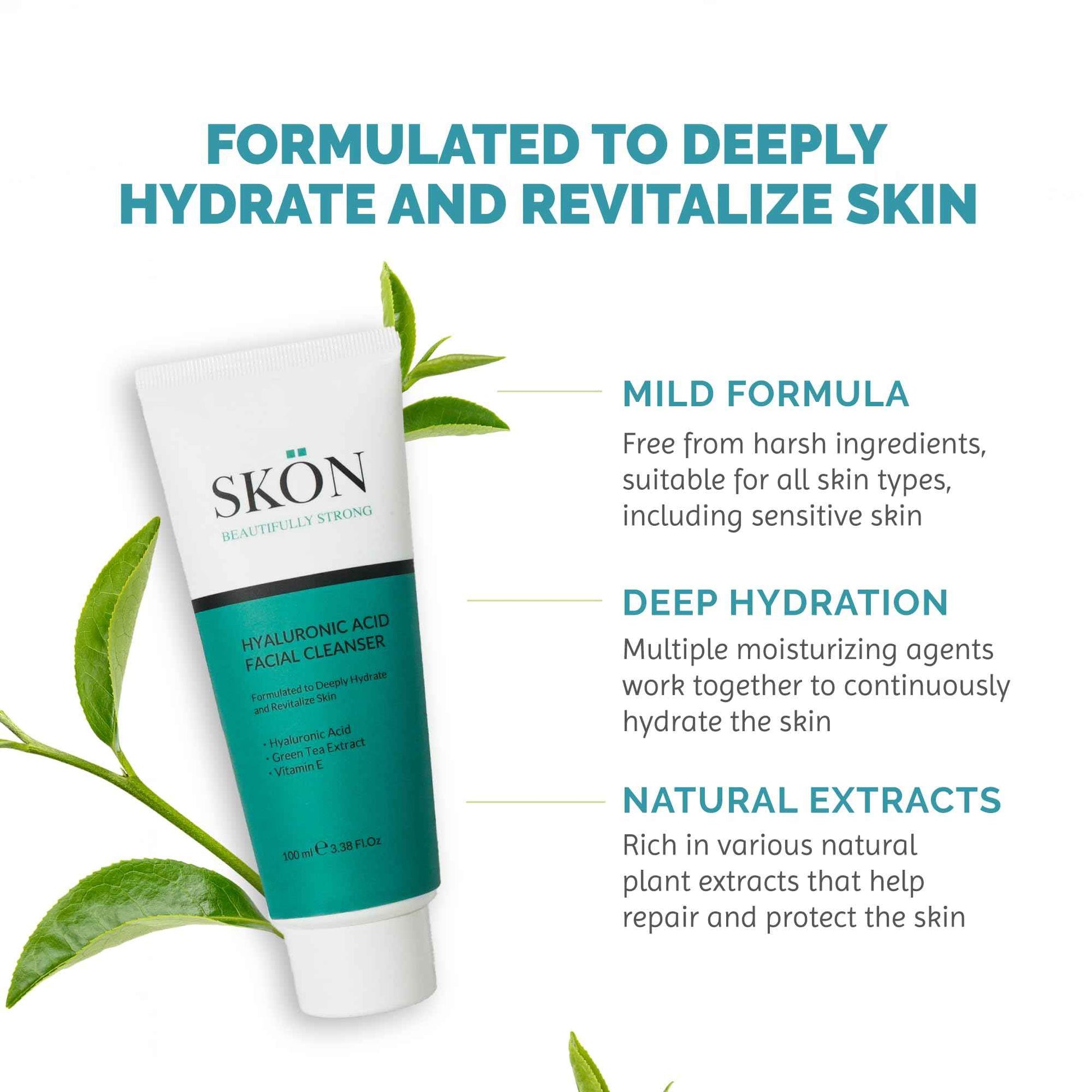 Skön Hyaluronic Acid Facial Cleanser – Gentle Hydrating Face Wash with Vitamin E & Green Tea – Deep Cleansing & Collagen Boosting Face Cleanser For Radiant, Soft Skin – Suitable All Skin Types – 100ml