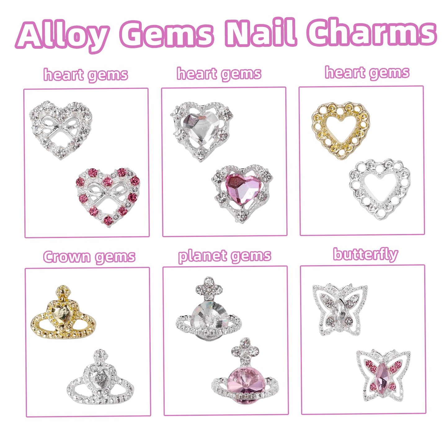 72 Pcs Heart Rhinestones for Nails, Shiny Alloy Planet Heart Butterfly Metal Nail Gems, Pink Colors White Rhinestones Heart Planet Nail Art Gems 3D Nail Gems Charms for Nails Art DIY Design