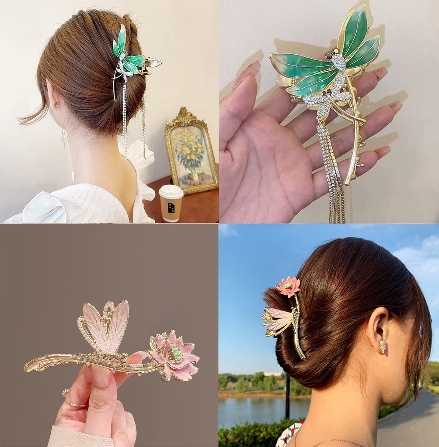 2 PCS Metal Big Hair Claw Clips, Dragonfly Lotus Rose Shiny Rhinestone Nonslip Hair Jaw Clips Hair Catch Barrette Clamp Hair Accessories for Women 021-02