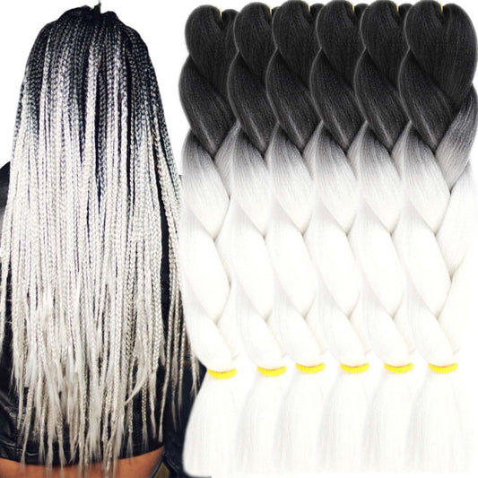 LILYKA SHOW 6 Packs 24 Inch Braiding Hair Extensions for Women Kanekalon Braiding Hair Ombre Jumbo Braiding Hair Extensions High Temperature Synthetic Braiding Hair for Twist Crochet Braids(6 Packs 24",Black to White)