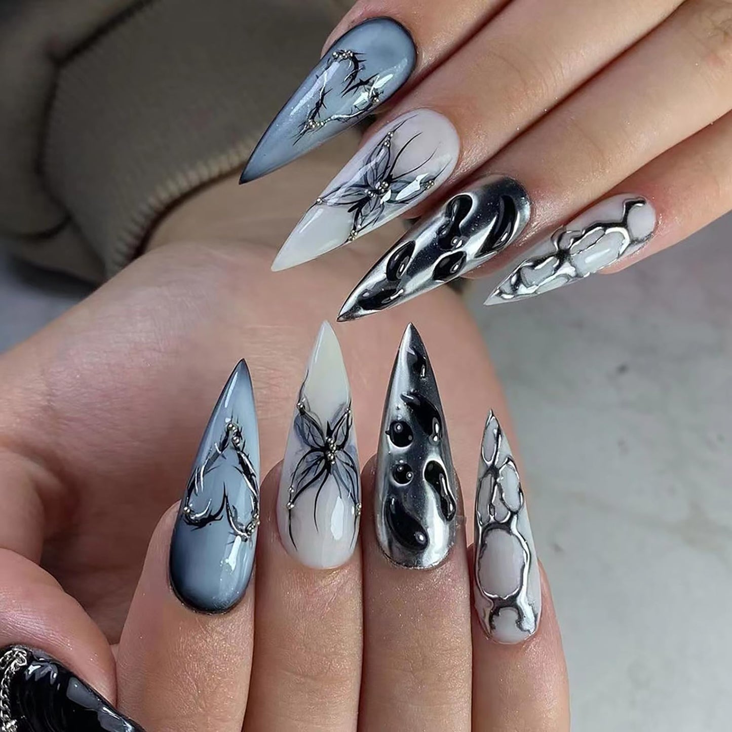 Metallic Press on Nails Long Stiletto Fake Nails Ombre Blue Butterfly False Nails with heart Designs Full Cover Dark Styles Acrylic Nails White Glossy Glue on Nails Artificial Nails for Women Girls