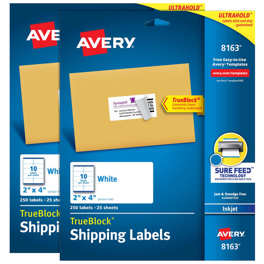 Avery Shipping Labels with TrueBlock, 2" x 4" Blank Labels, Inkjet Printable Labels, Pack of 250, 2 Packs, 500 Labels Total (8163)