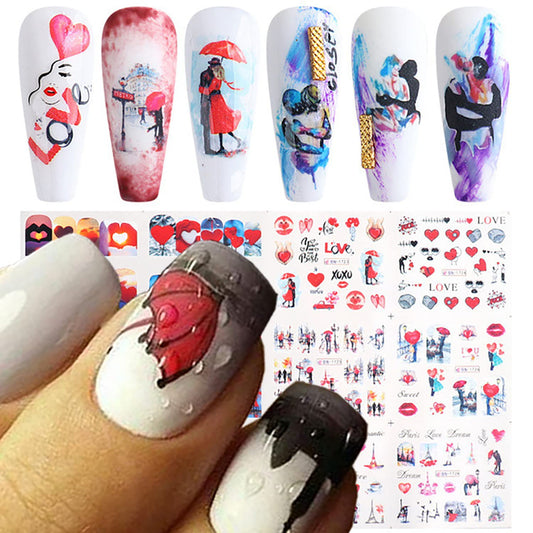 12 Sheets Valentine's Day Nail Stickers Love Tower Umbrella Patterns Design Water Transfer Nail Decals Holographic Art Sticker Decal Nail Art for Women DIY Supplies Manicure Decoration Nail Art Decal