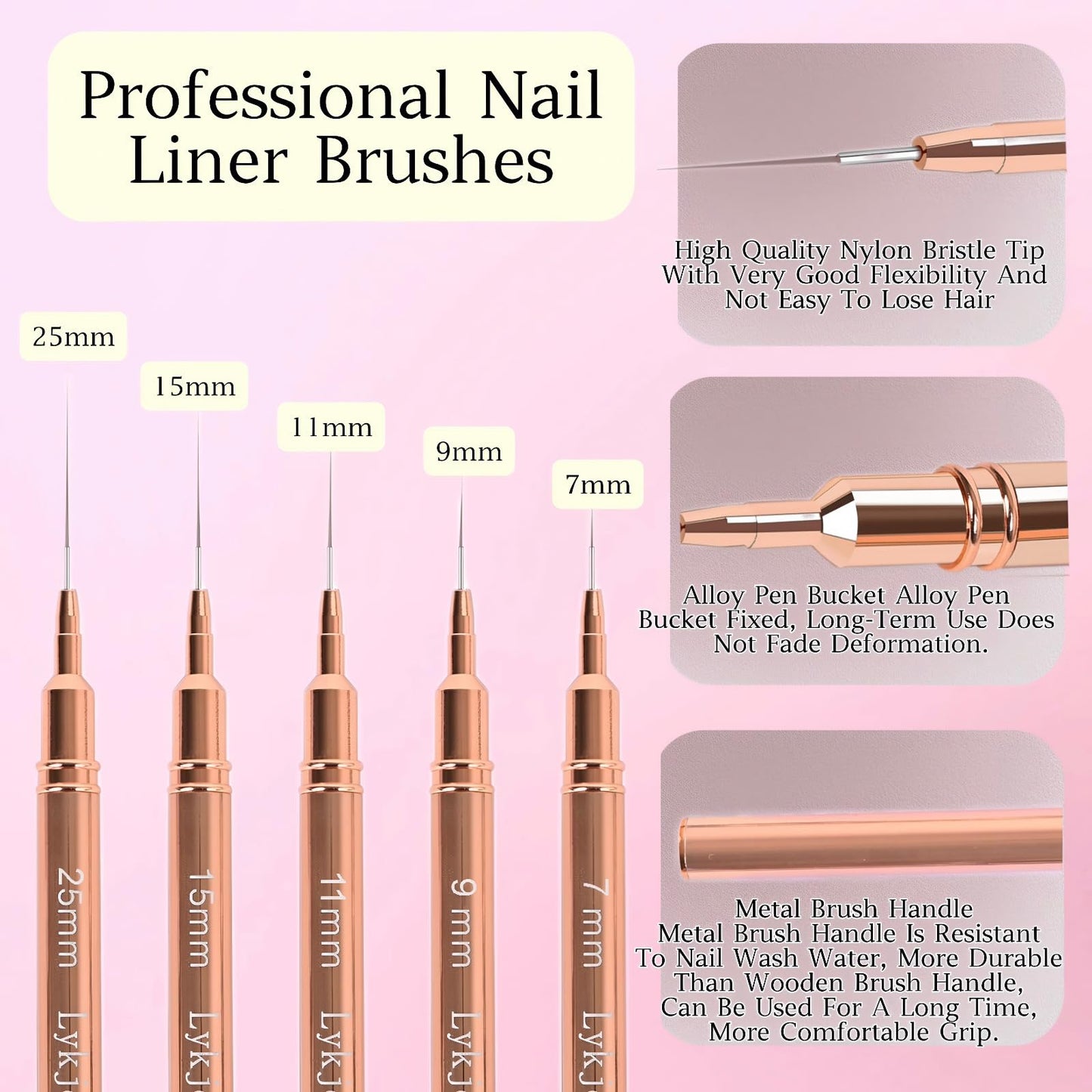 5pcs Nail Art Liner Brushes,Liner Brush For Nails,Nail Art Brush For Long Lines,Thin Details,Fine Drawing,Liner Brush UV Gel Polish Painting Nail Design Sizes 7/9/11/15/25mm（Rose Golden）