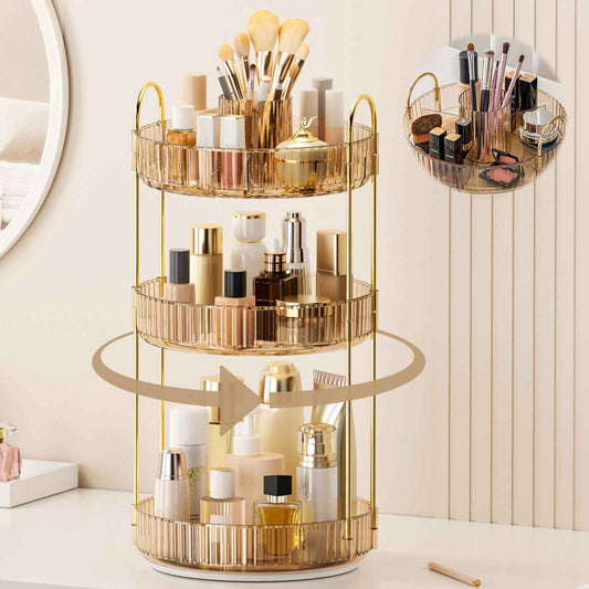 360° Rotating Makeup Organizer, Upgraded 3 Tier Skincare Perfume Organizers for Women, Bathroom Organizer Countertop, Clear Cosmetic Dresser Organizer with Makeup Brush Holder, Sink&Counter(Amber)