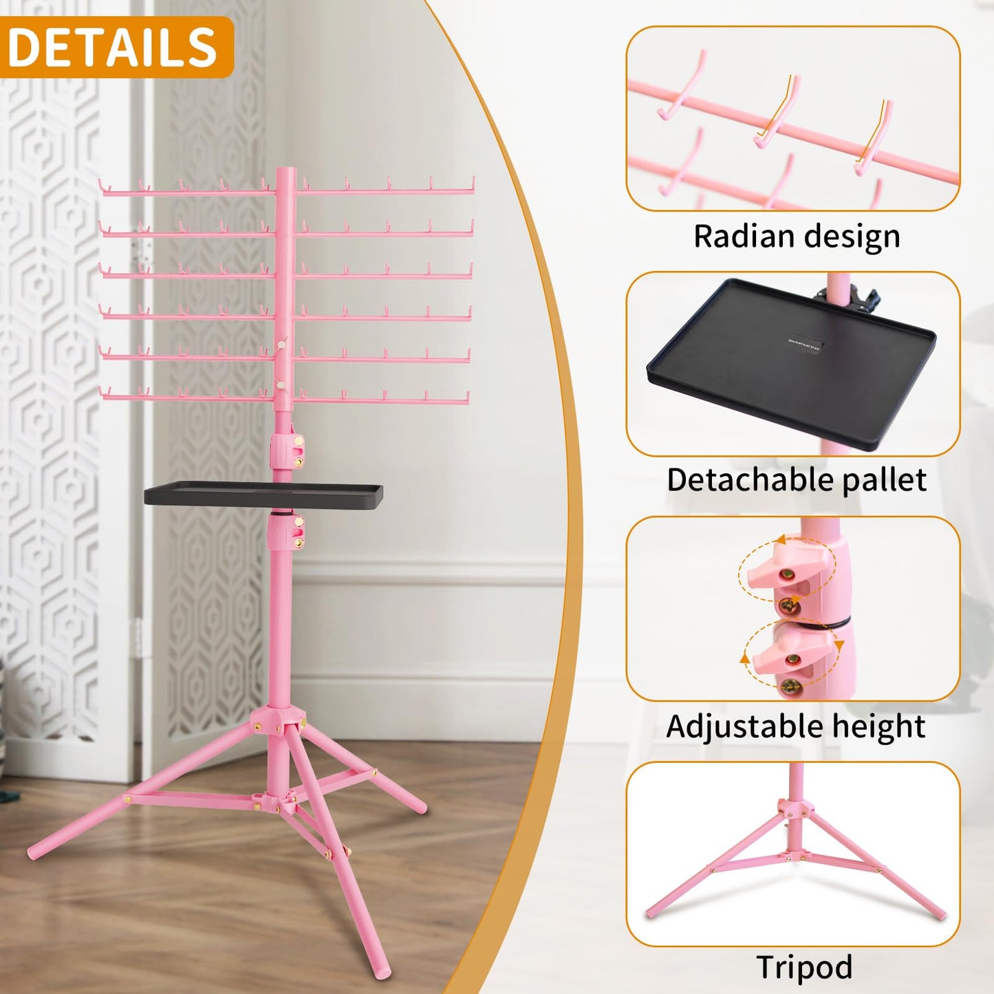 [Metal] 120-Peg Braiding Hair Rack Standing, with Tray Hair Extension Holder Hanger, Hair Divider Rack for Braiding Hair Separator Stand, Hair Braiding Rack Display Stand Hairstylist Braiders, Pink