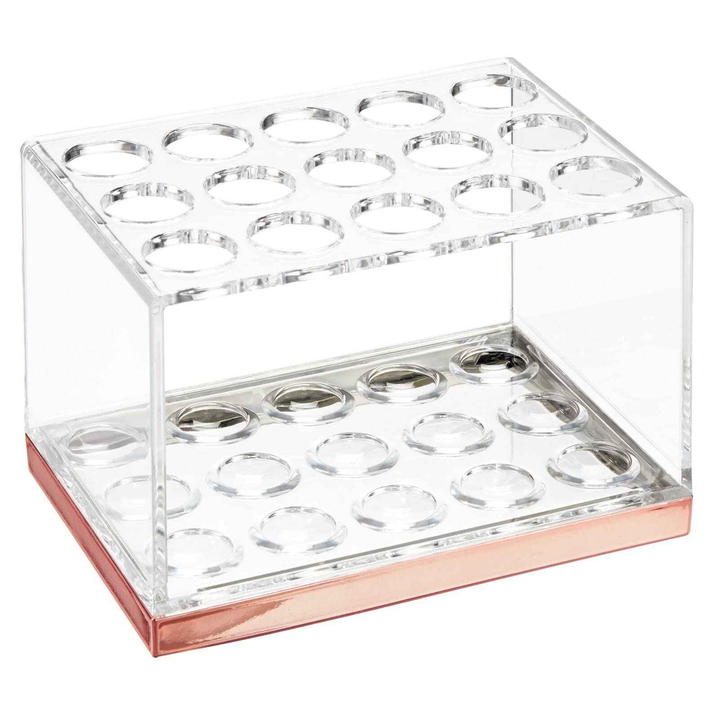 mDesign Plastic Makeup Brush Storage Organizer with 15 Slots for Bathroom Countertop, Vanity to Hold Eye/Lip Pencils, Lip Gloss, Liners, Lipstick - Clear/Rose Gold